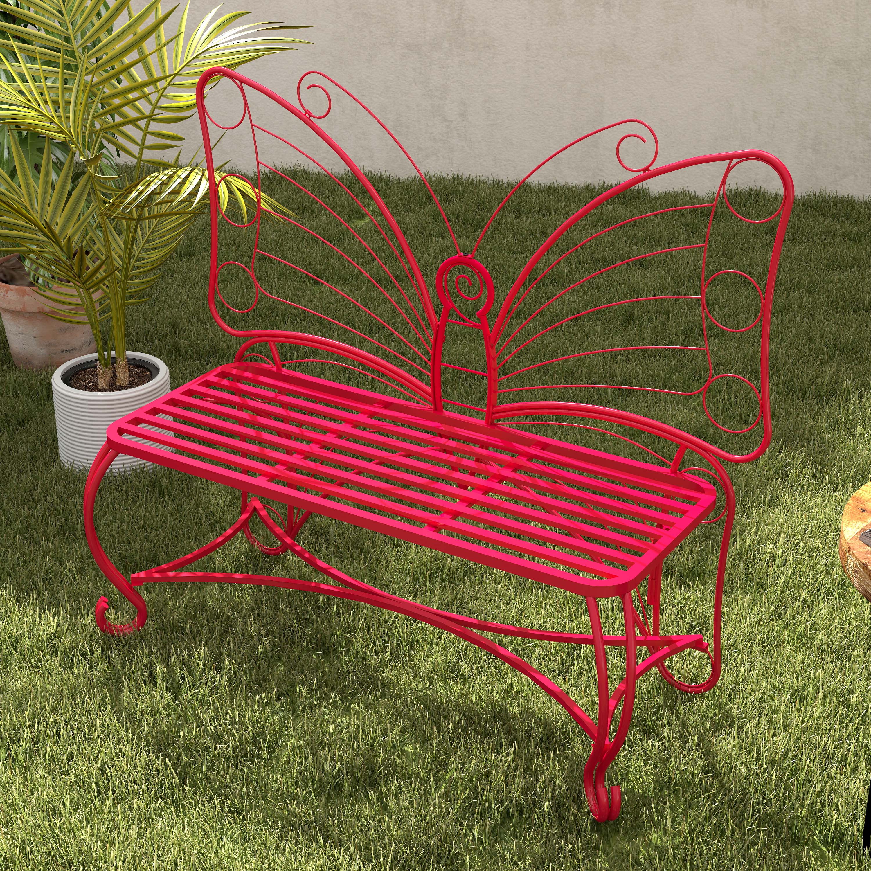 Monazite Outdoor Bench with Butterfly Back Design and Metal Frame