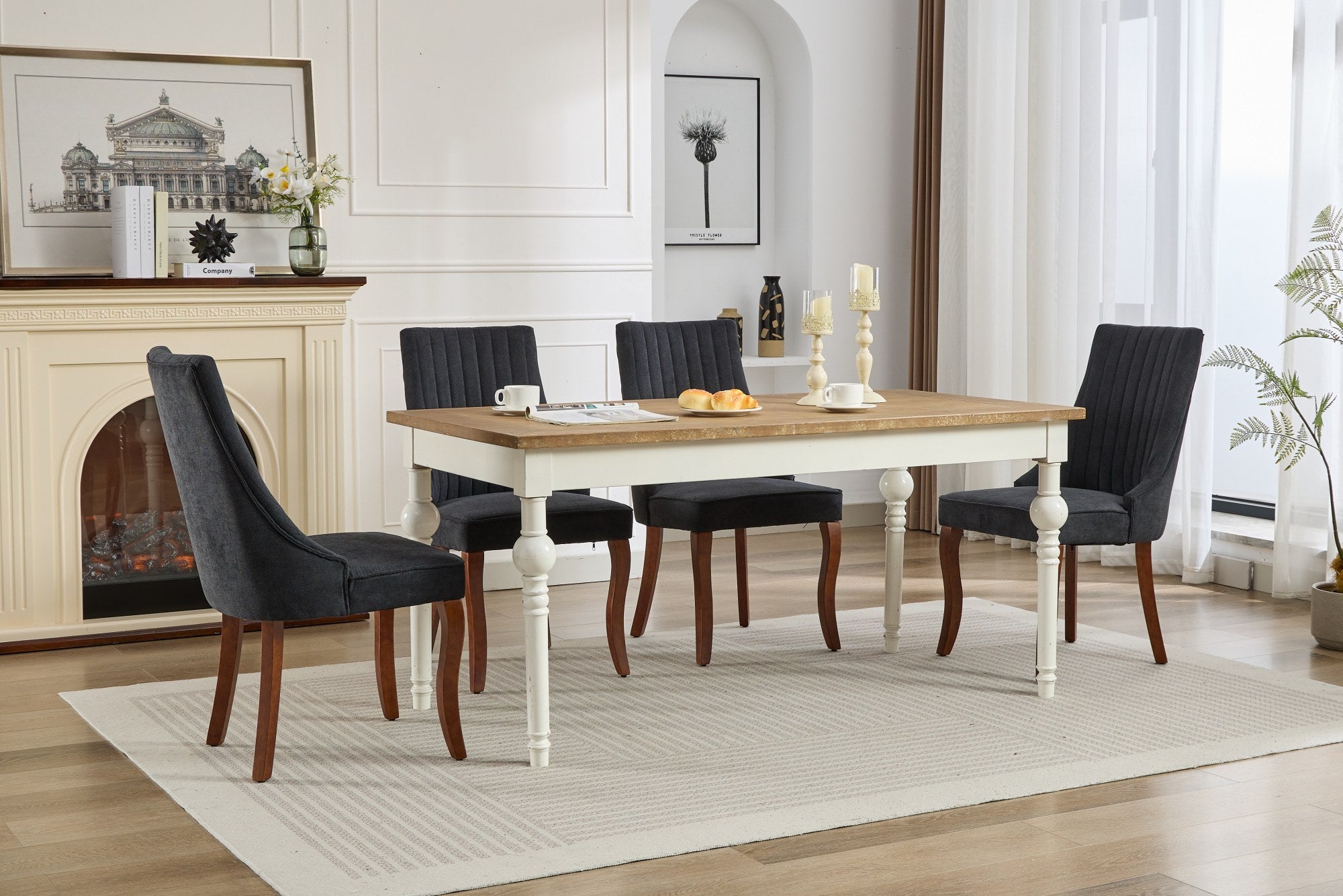 Rayon Cloth Flocking Linen Dining Chairs Channel Kitchen Dinner Chair Comfy Fabric Upholstered Accent Chair for Dining Room with Curved Solid Wood Legs,Set of 2 (Black), SW1847BK