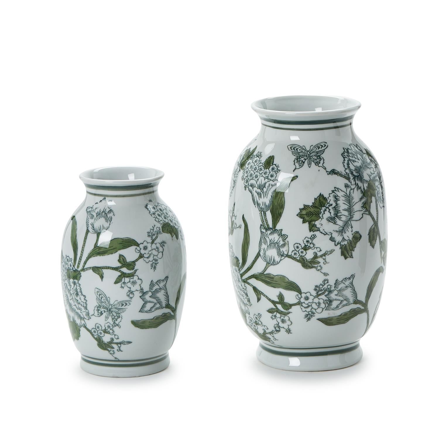 Primrose and Lotus Green and White Chinoiserie Vases, Set of 2