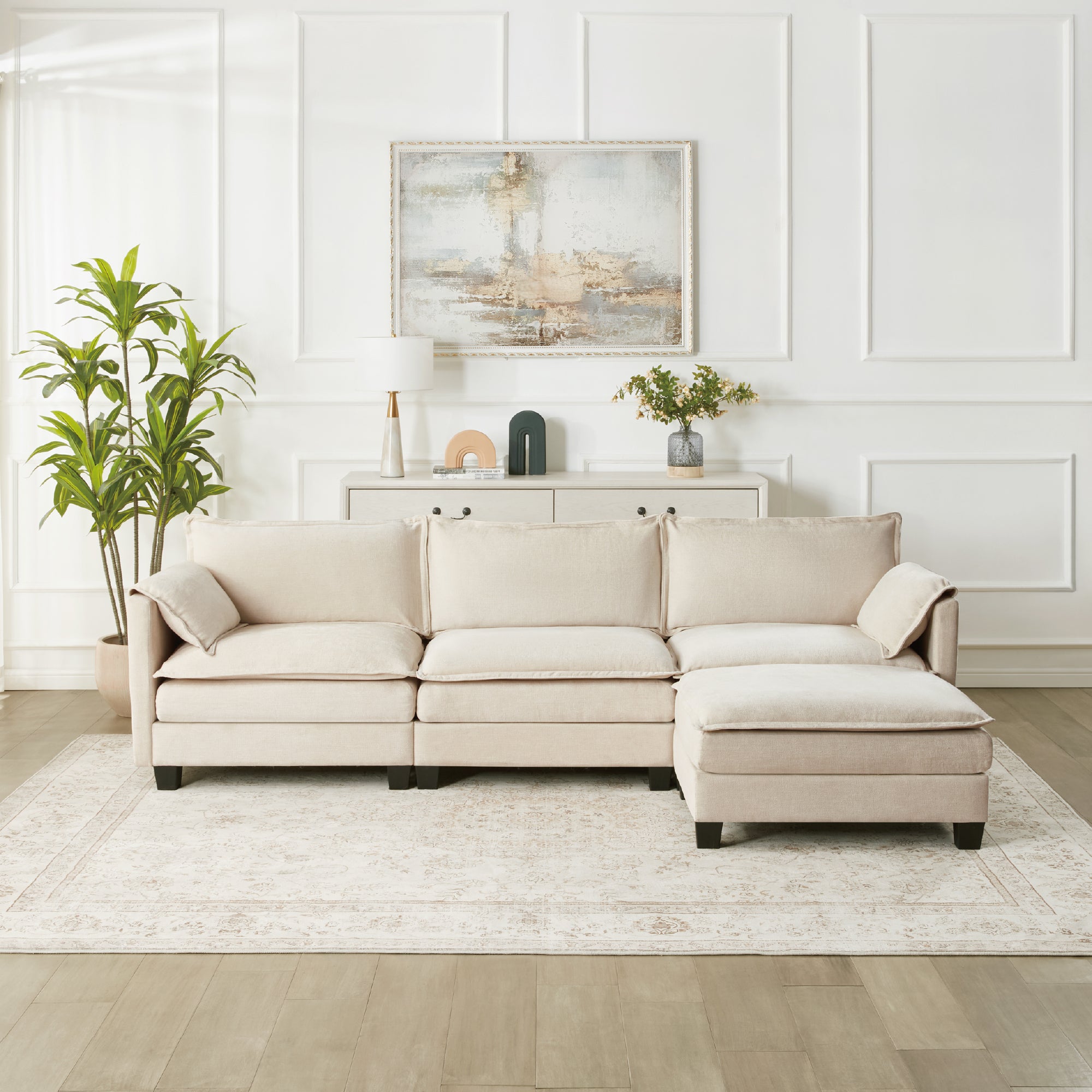 L-Shaped Corduroy Corner Sofa with Storage Armrest Cushions