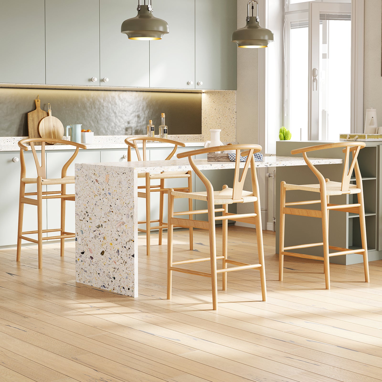 Wishbone Counter Height Barstool with Woven Seat