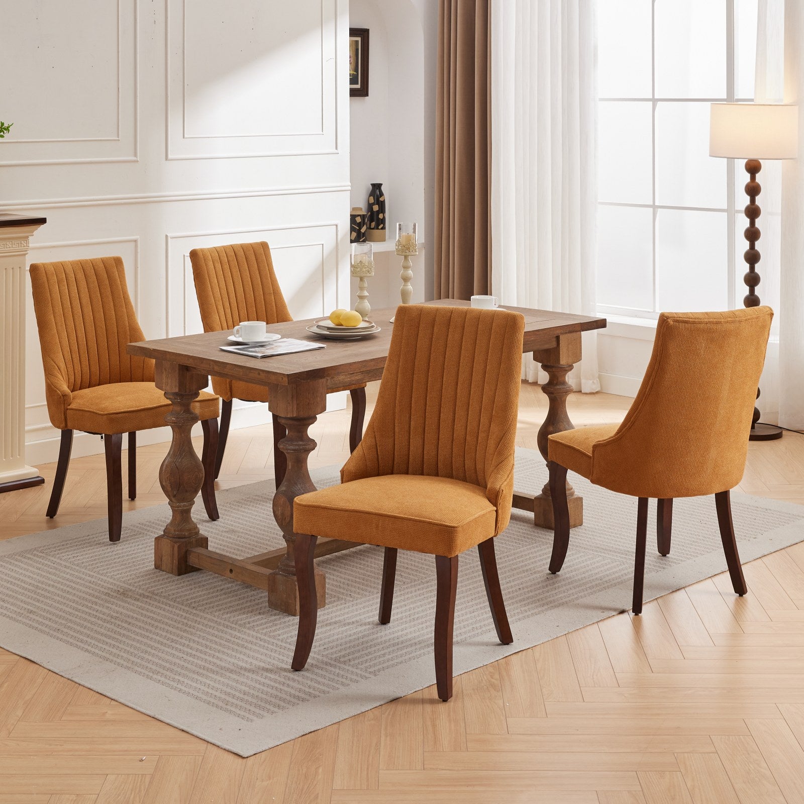 Rayon Cloth Flocking Linen Dining Chairs Channel Kitchen Dinner Chair Comfy Fabric Upholstered Accent Chair for Dining Room with Curved Solid Wood Legs,Set of 2 (Gold), SW1847GL