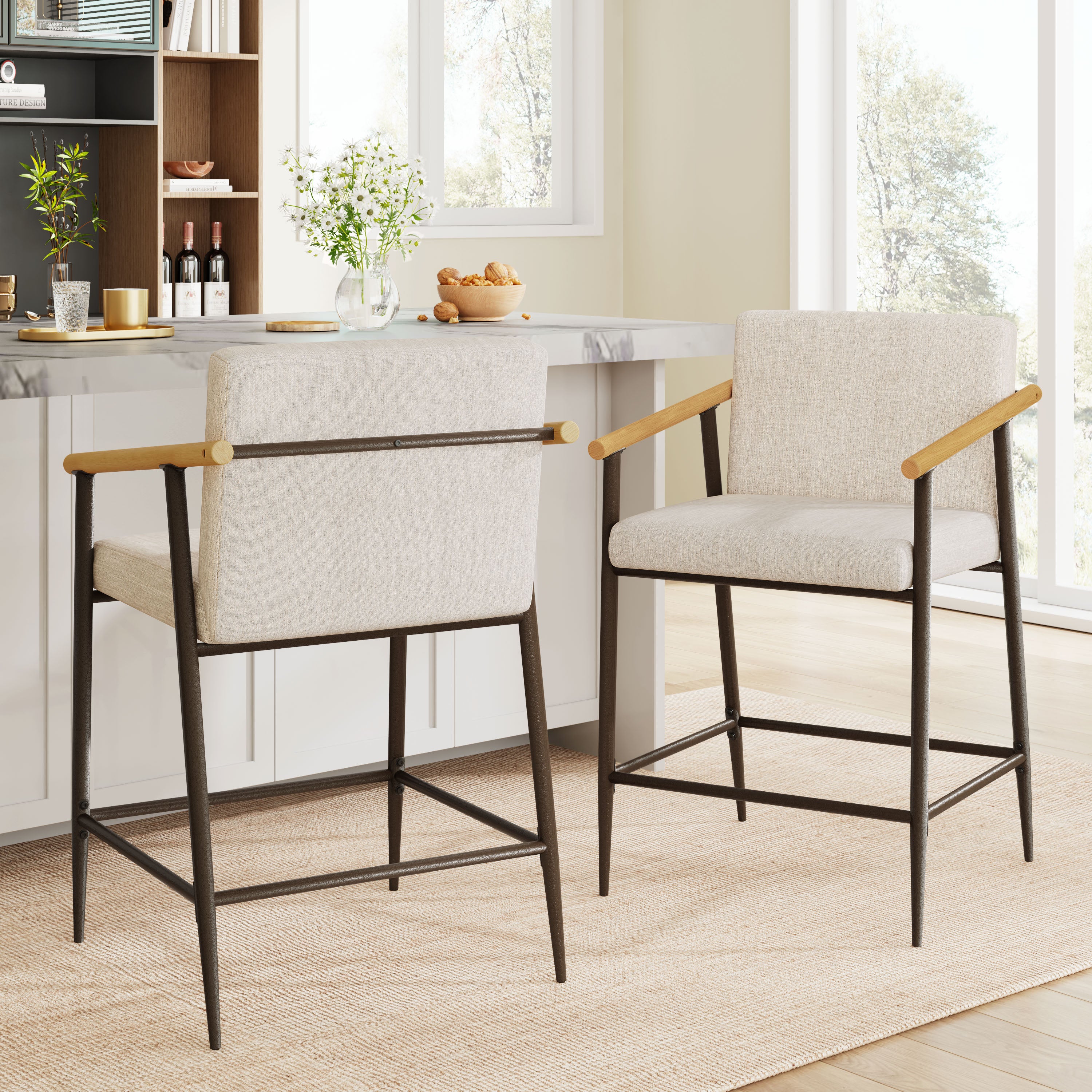 Kentwood Square Back Upholstered Counter Stool with Iron Frame, Set of 2