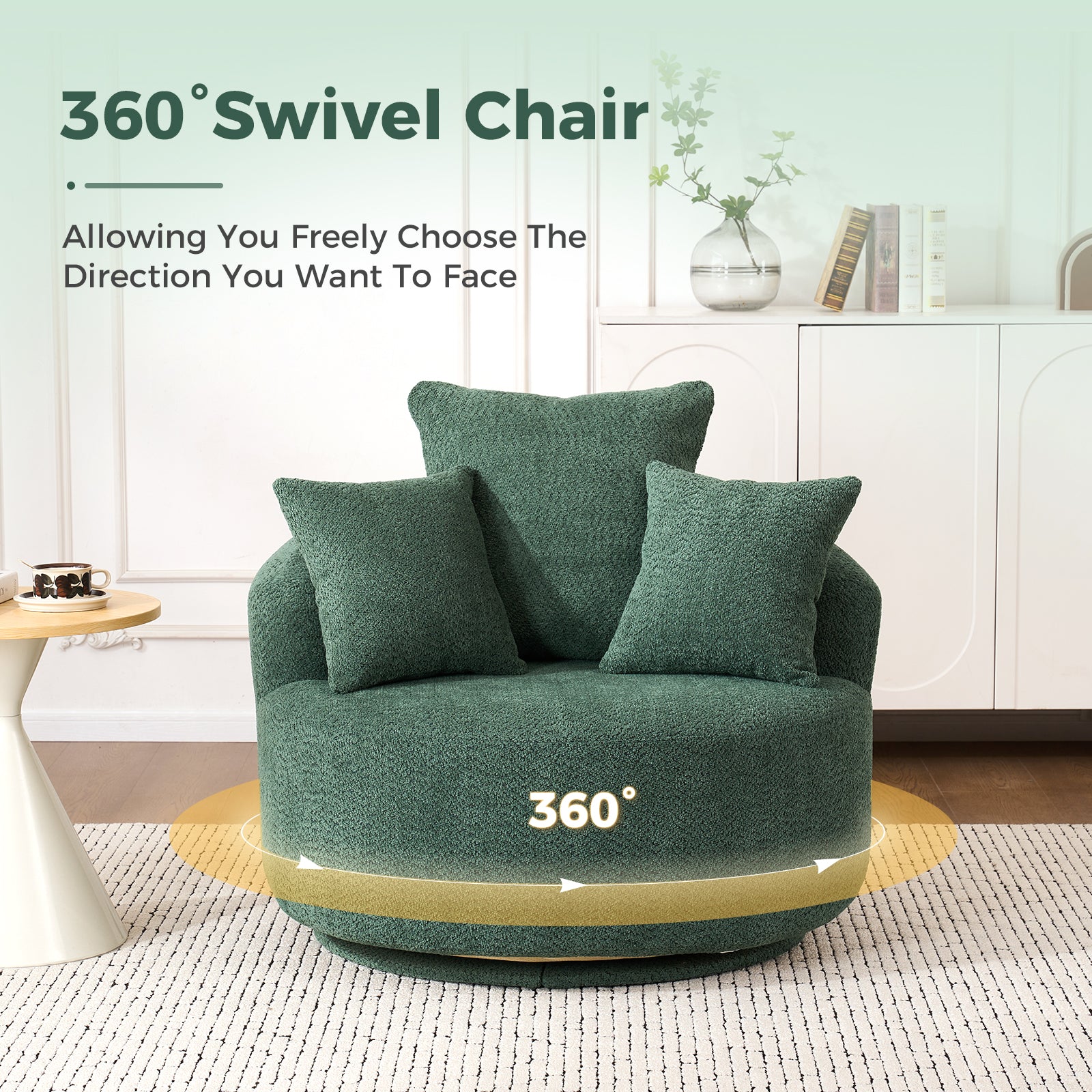 Round Armless Barrel Swivel Accent Chair with 3 Pillows