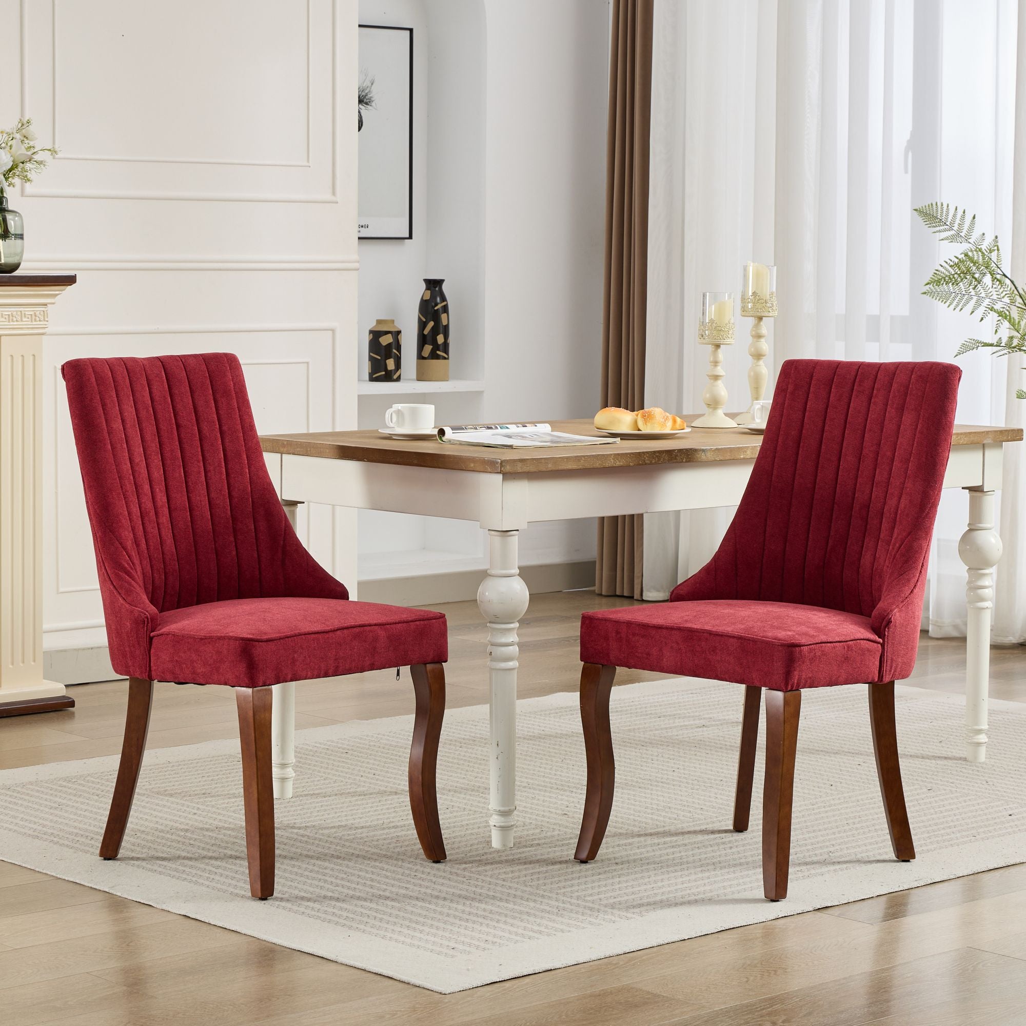 Rayon Cloth Flocking Linen Dining Chairs Channel Kitchen Dinner Chair Comfy Fabric Upholstered Accent Chair for Dining Room with Curved Solid Wood Legs,Set of 2 (Wine Red), SW1847WR