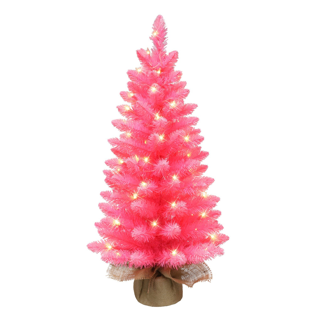 3 ft Pre-lit Fashion Pink Artificial Christmas Tree with Clear Lights & Burlap Sack Base
