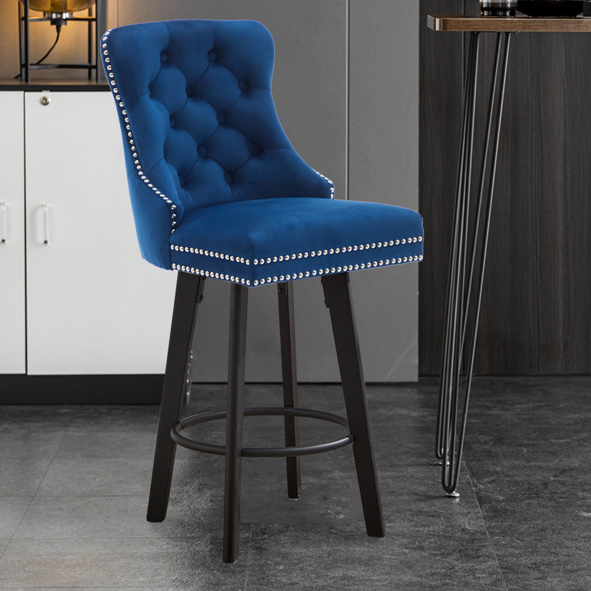 Modern Velvet Button Tufted Swivel Bar Stool with Metal Pull Ring