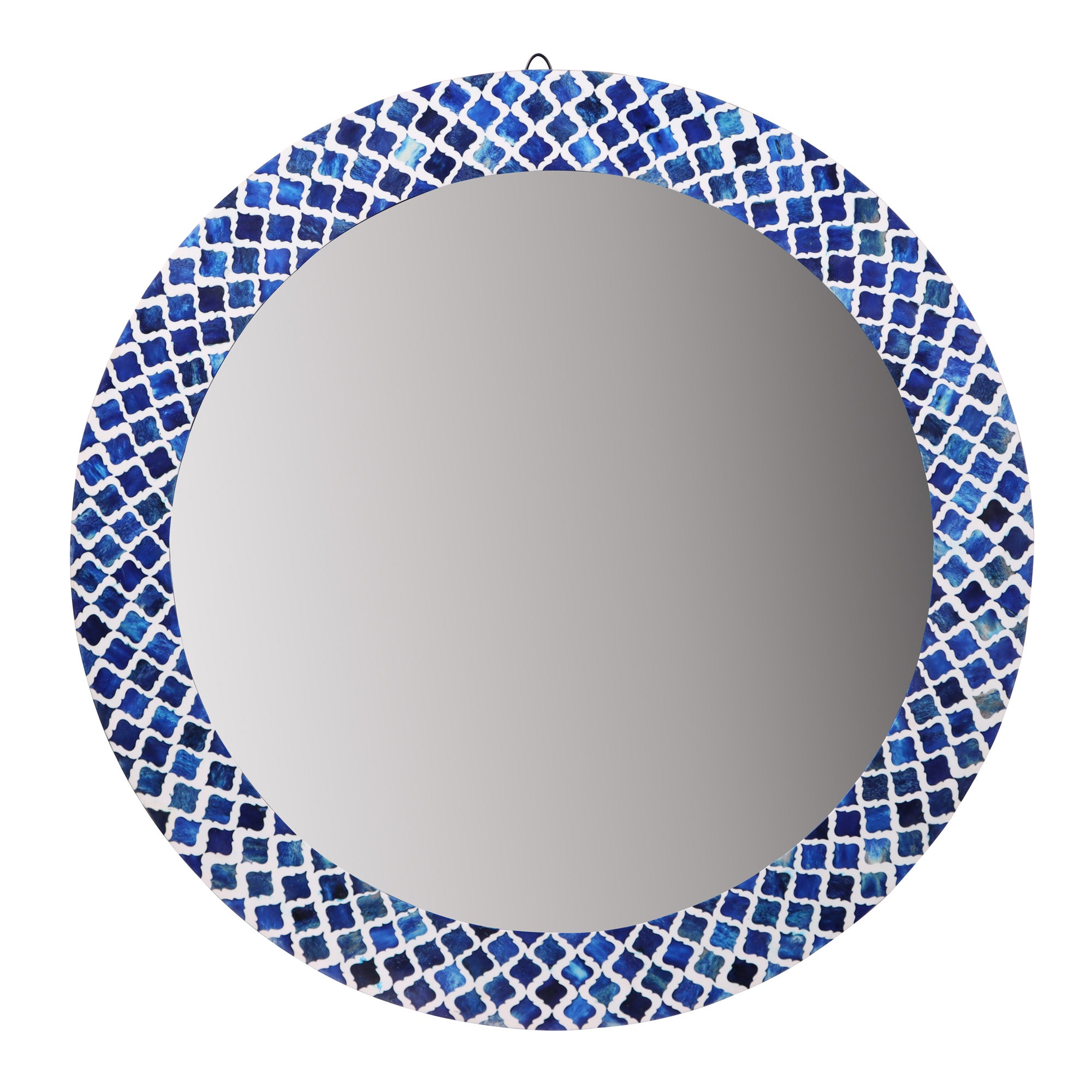 Round 29" Wide Blue Diamond Pattern Natural Bone Inlay Mirror