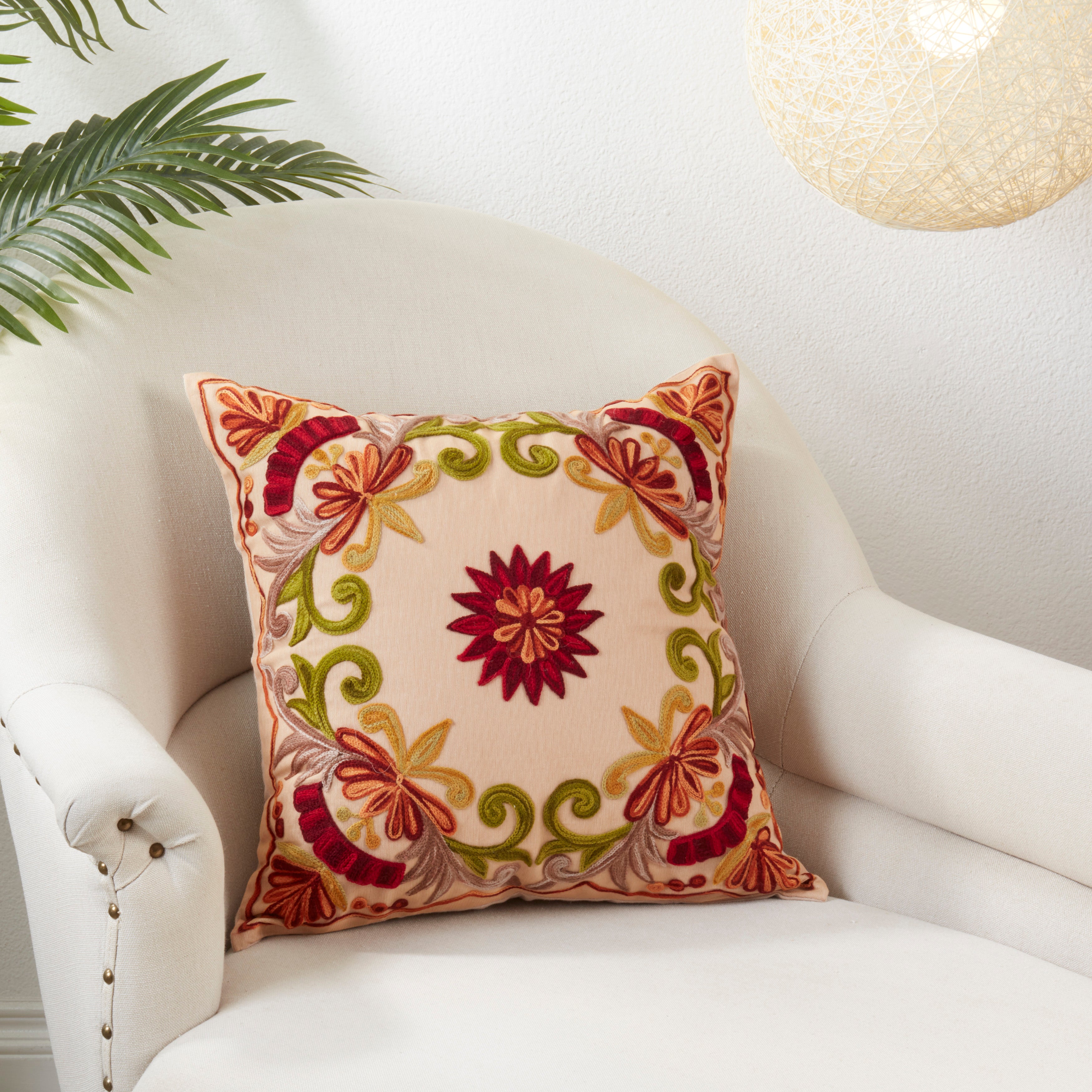 Embroidered Floral Design Cotton Poly Filled Throw Pillow