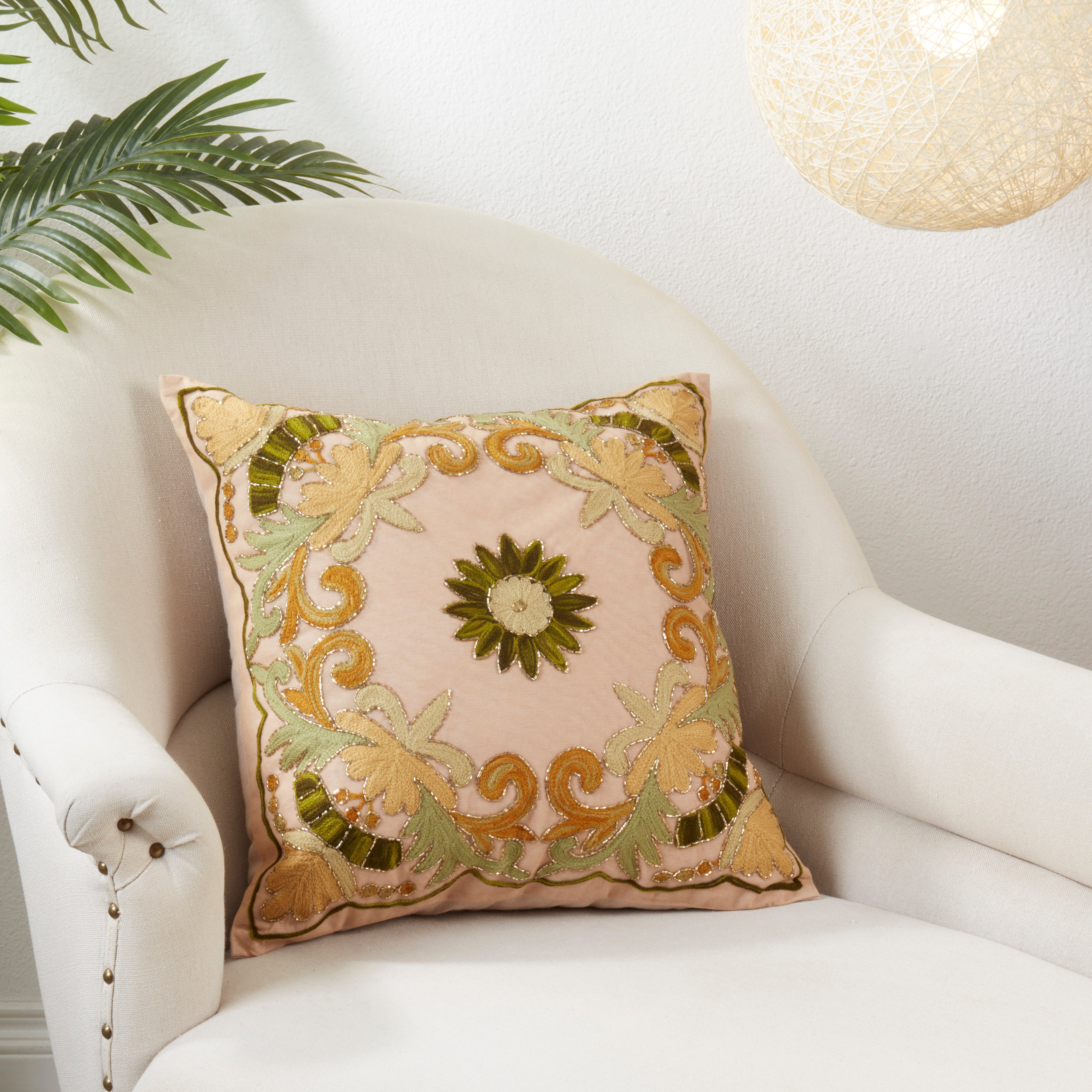 Embroidered Floral Design Cotton Poly Filled Throw Pillow, 18 x 18