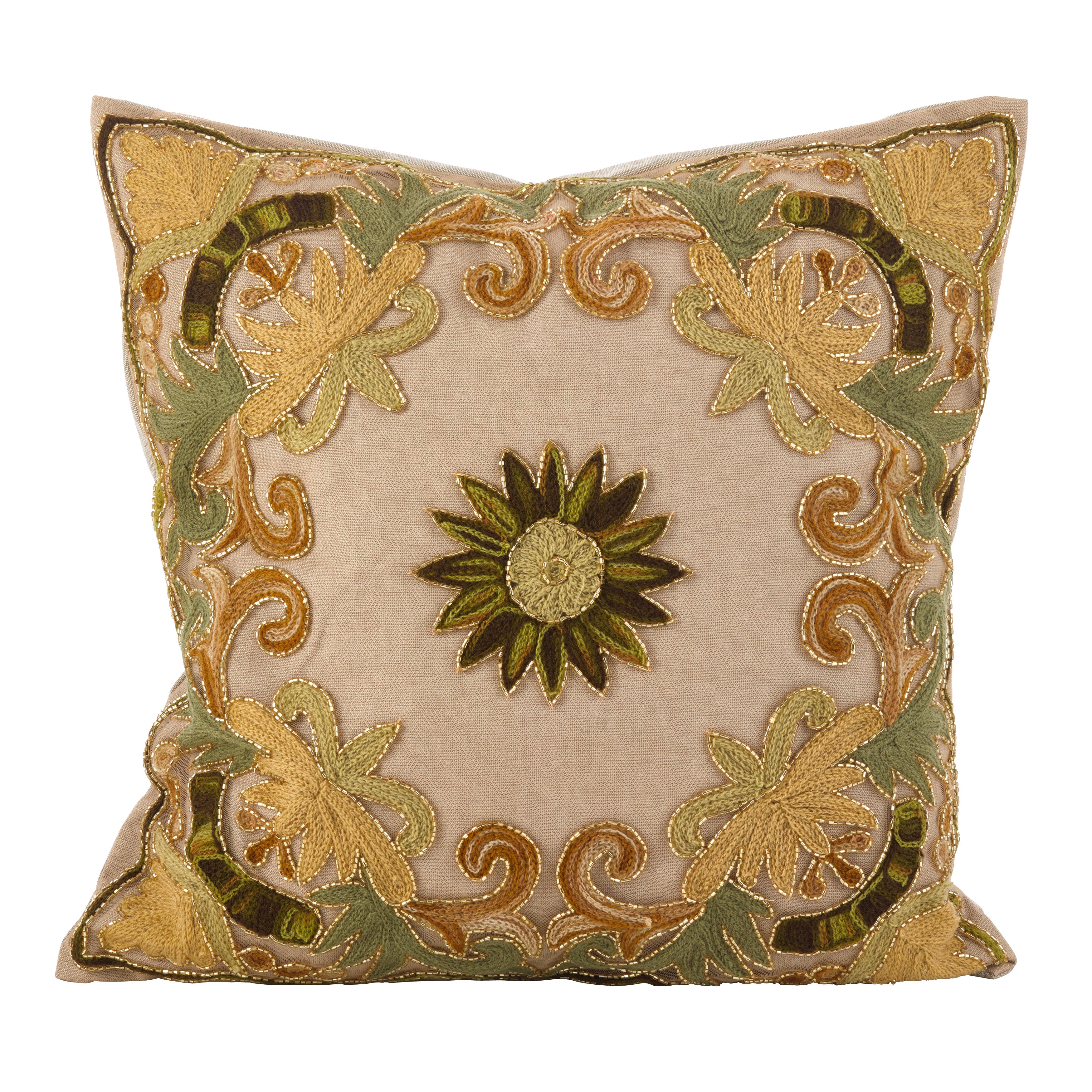 Embroidered Floral Design Cotton Poly Filled Throw Pillow, 18 x 18