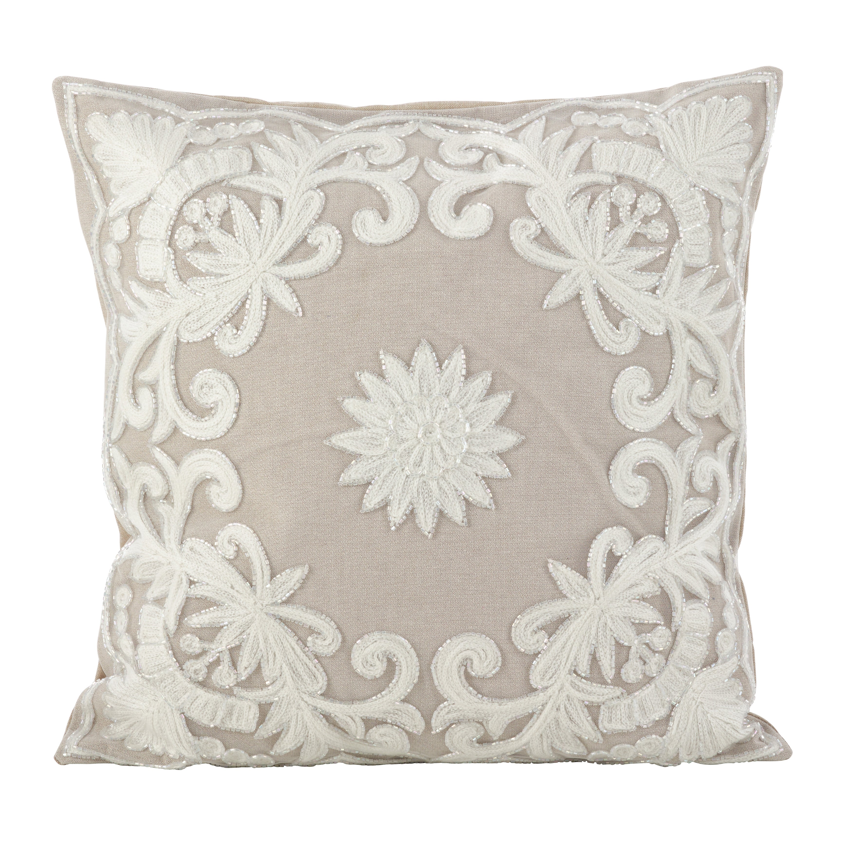 Embroidered Floral Design Cotton Poly Filled Throw Pillow, 18 x 18