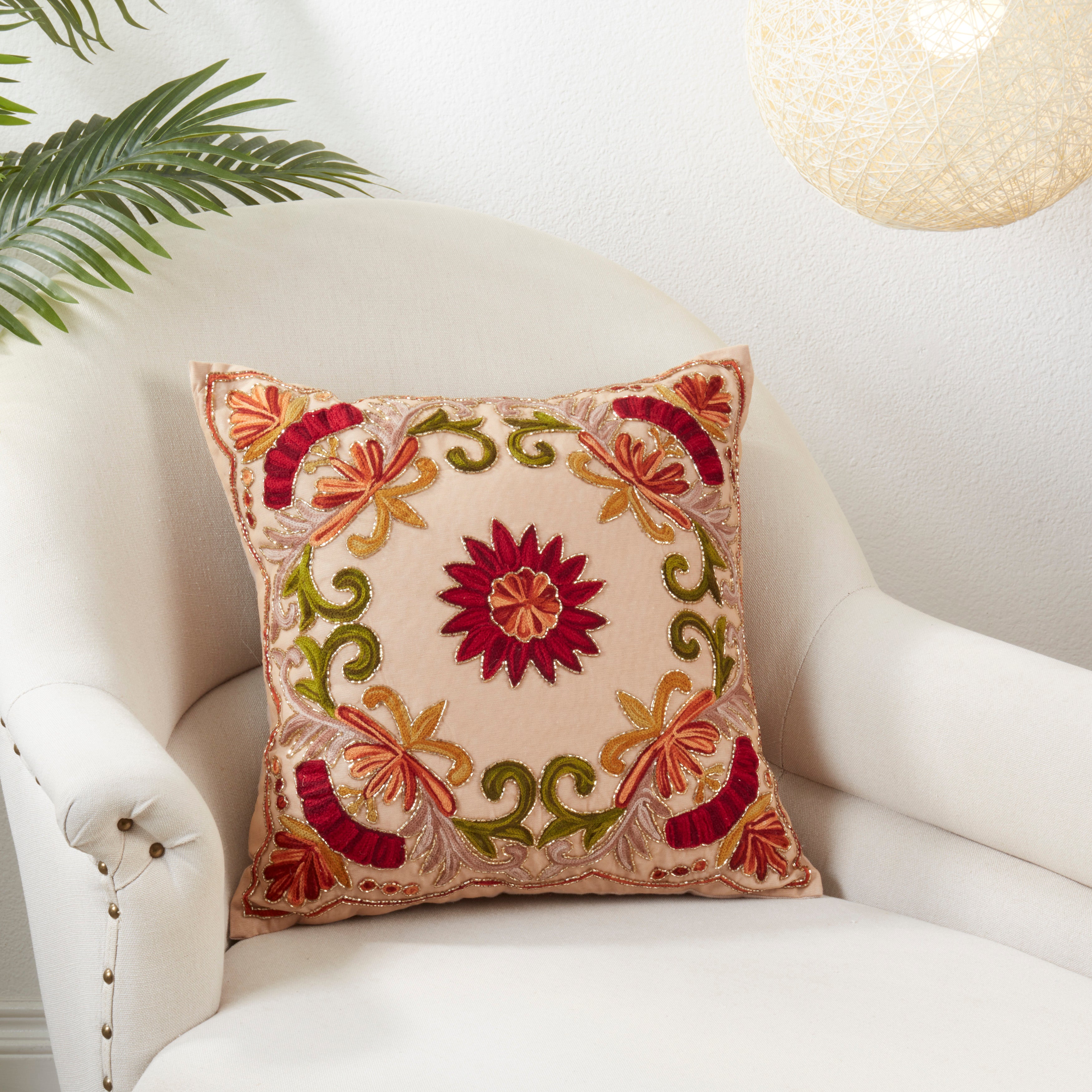 Embroidered Floral Design Cotton Poly Filled Throw Pillow, 18 x 18