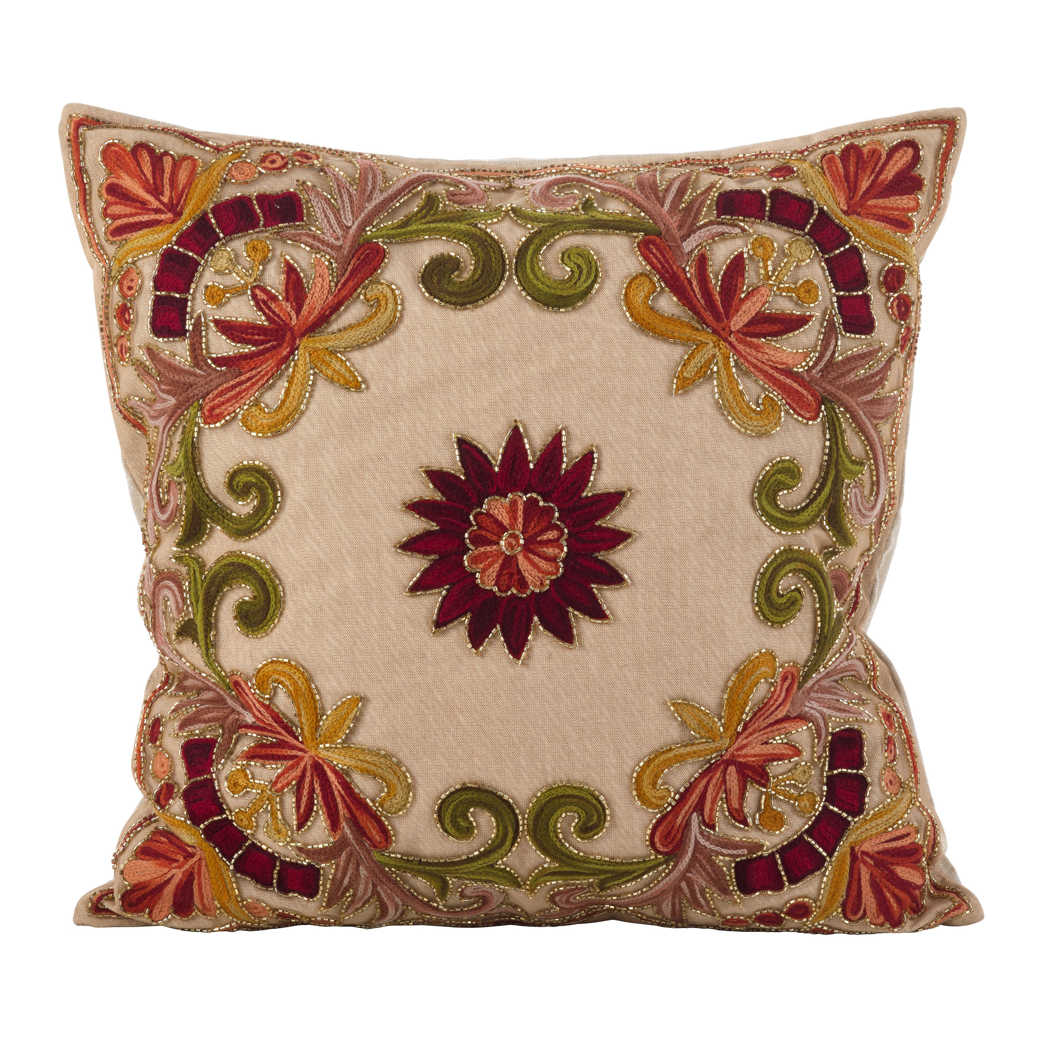 Embroidered Floral Design Cotton Poly Filled Throw Pillow, 18 x 18