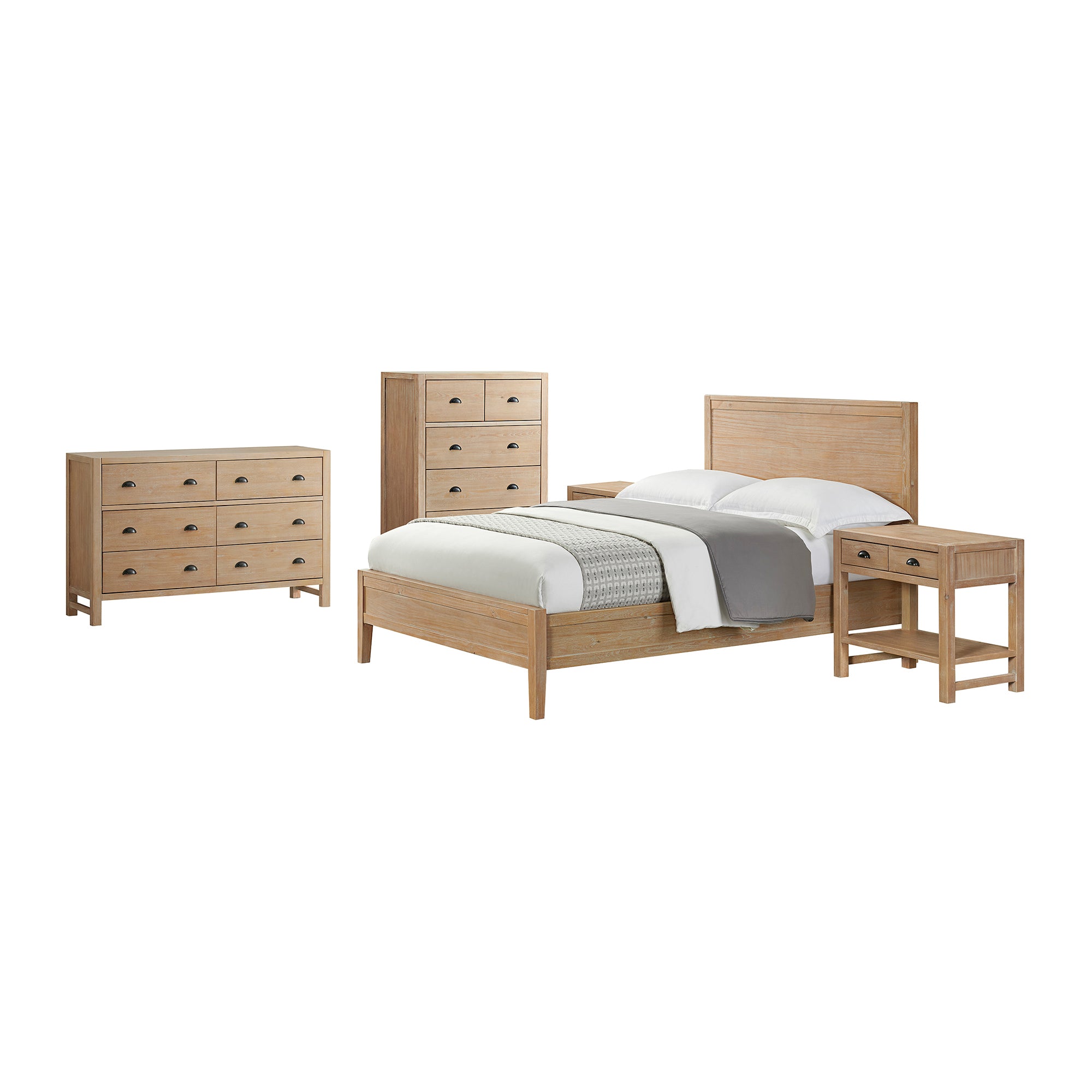 Arden 5-Piece Wood Bedroom Set with Bed, Two 2- Nightstands with open shelf, 5-Drawer Chest, 6-Drawer Dresser