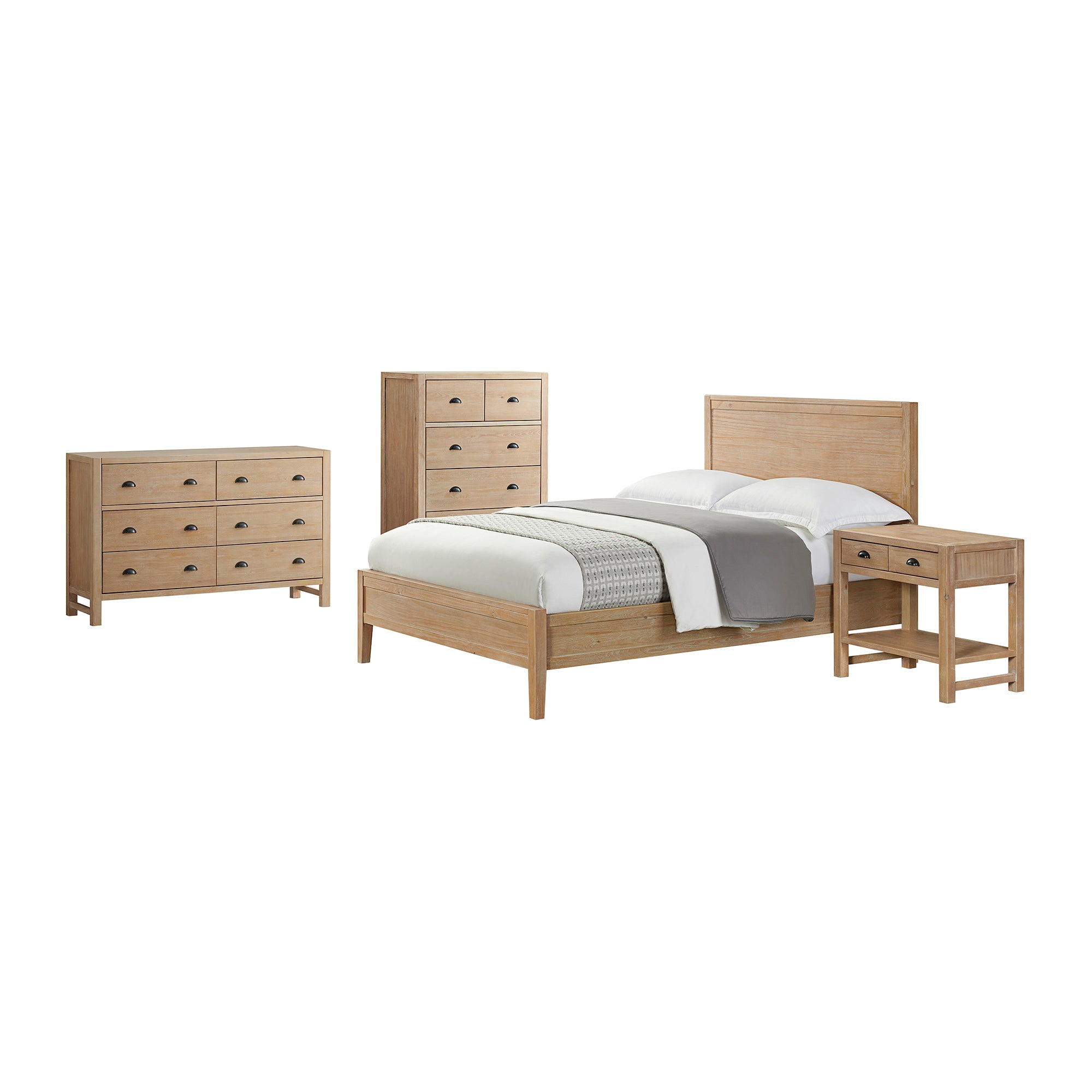 Arden 4-Piece Wood Bedroom Set with Bed, 2-Drawer Nightstand with open shelf, 5-Drawer Chest, 6-Drawer Dresser