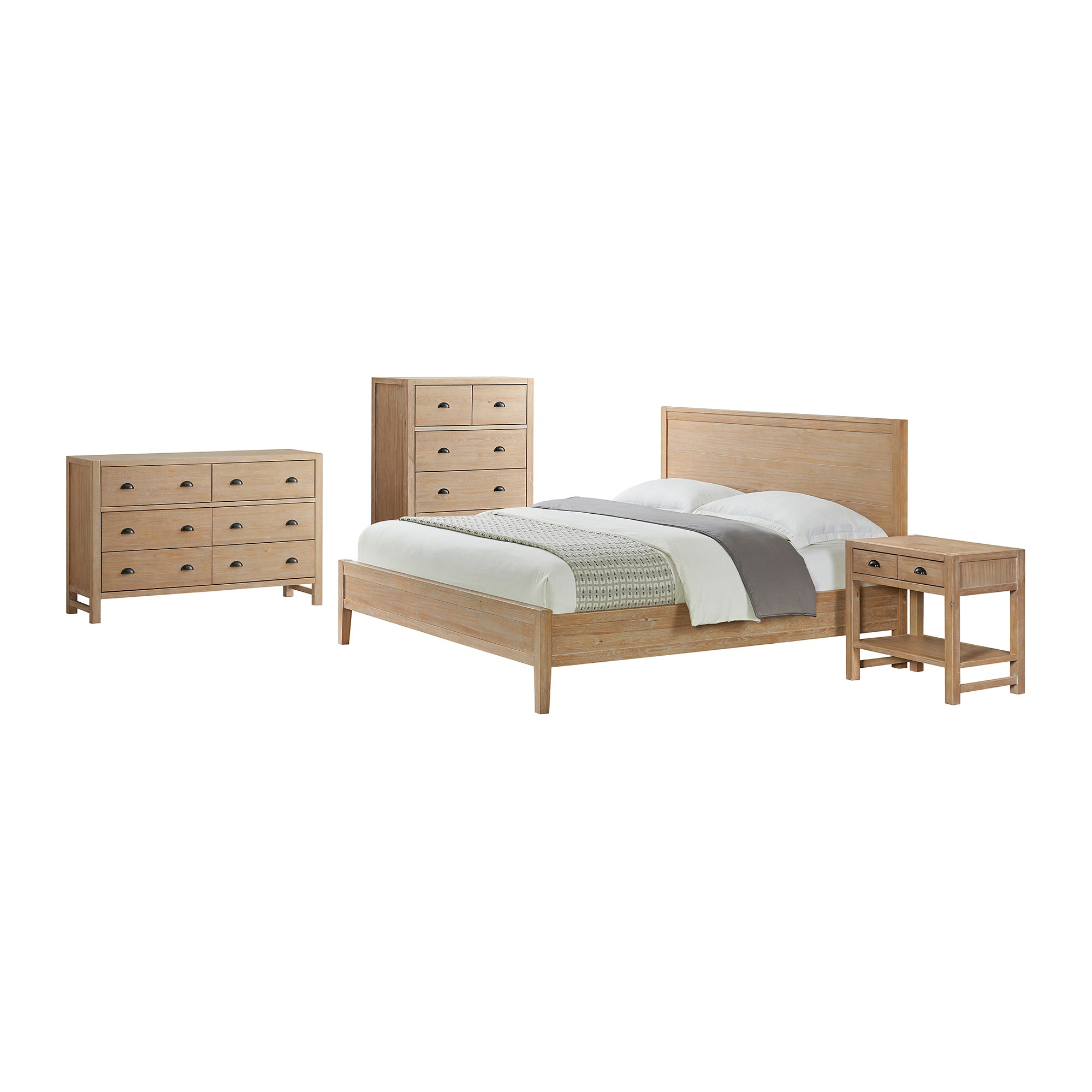 Arden 4-Piece Wood Bedroom Set with Bed, 2-Drawer Nightstand with open shelf, 5-Drawer Chest, 6-Drawer Dresser