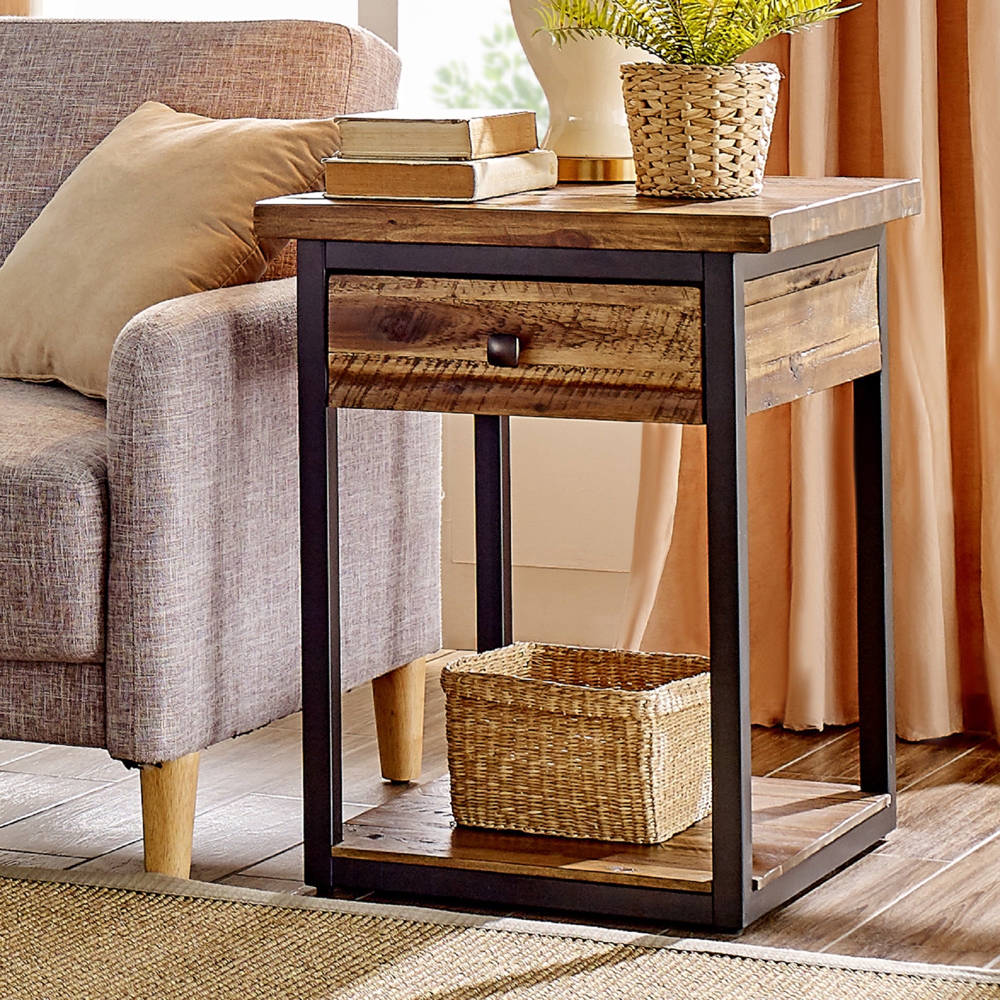 Claremont Rustic Wood End Table with Drawer and Low Shelf