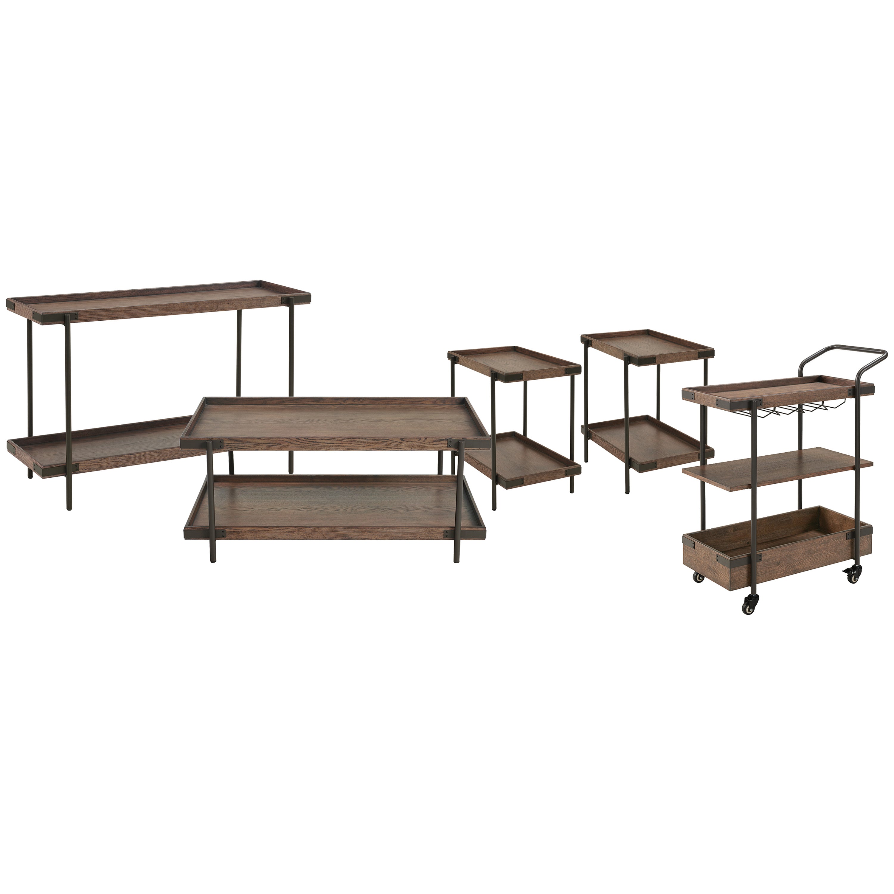 Kyra 5-Piece Oak and Metal Living Room Set with 42"L Coffee Table, Two Side Tables, Sofa/TV Console and Bar Cart