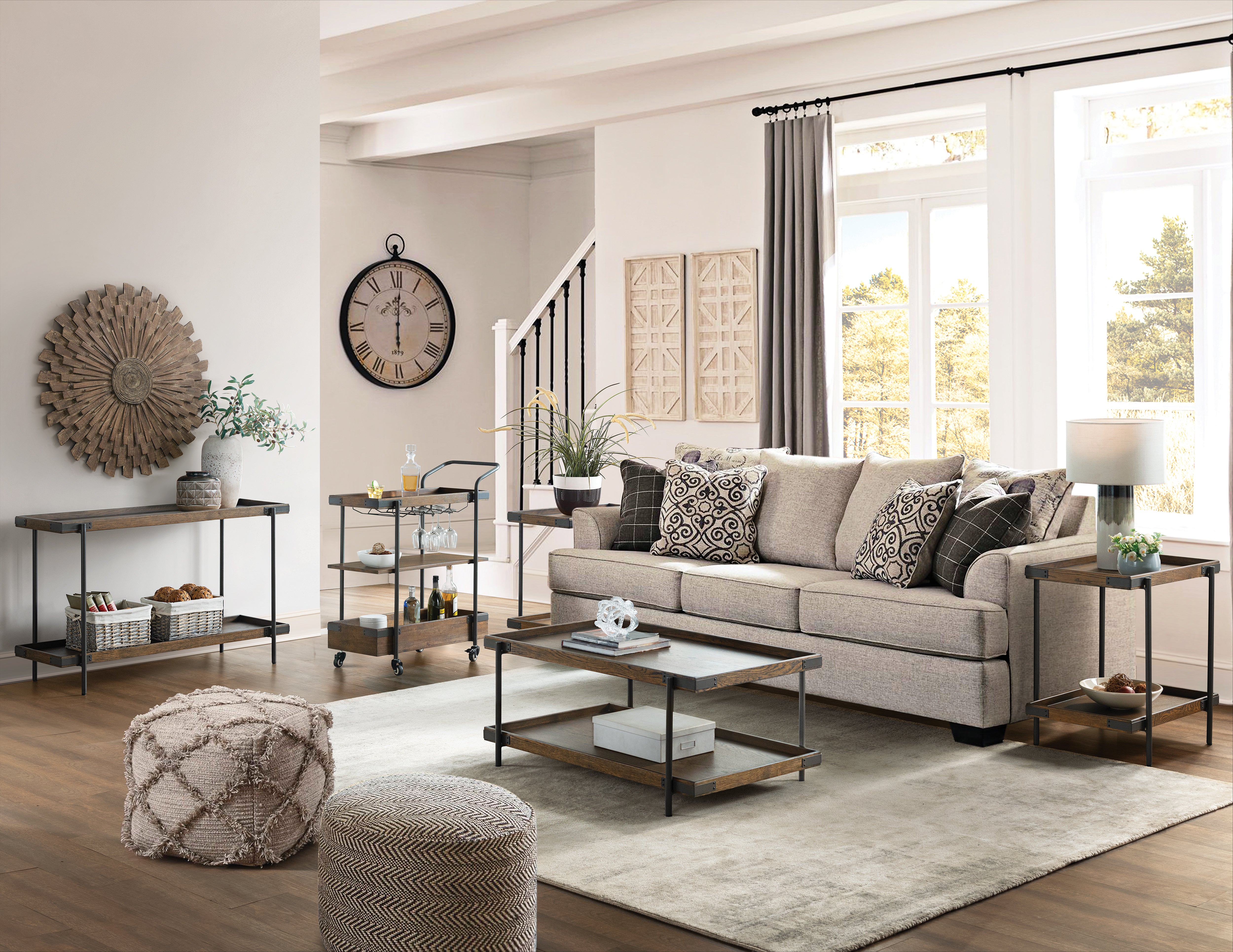 Kyra 5-Piece Oak and Metal Living Room Set with 42"L Coffee Table, Two Side Tables, Sofa/TV Console and Bar Cart