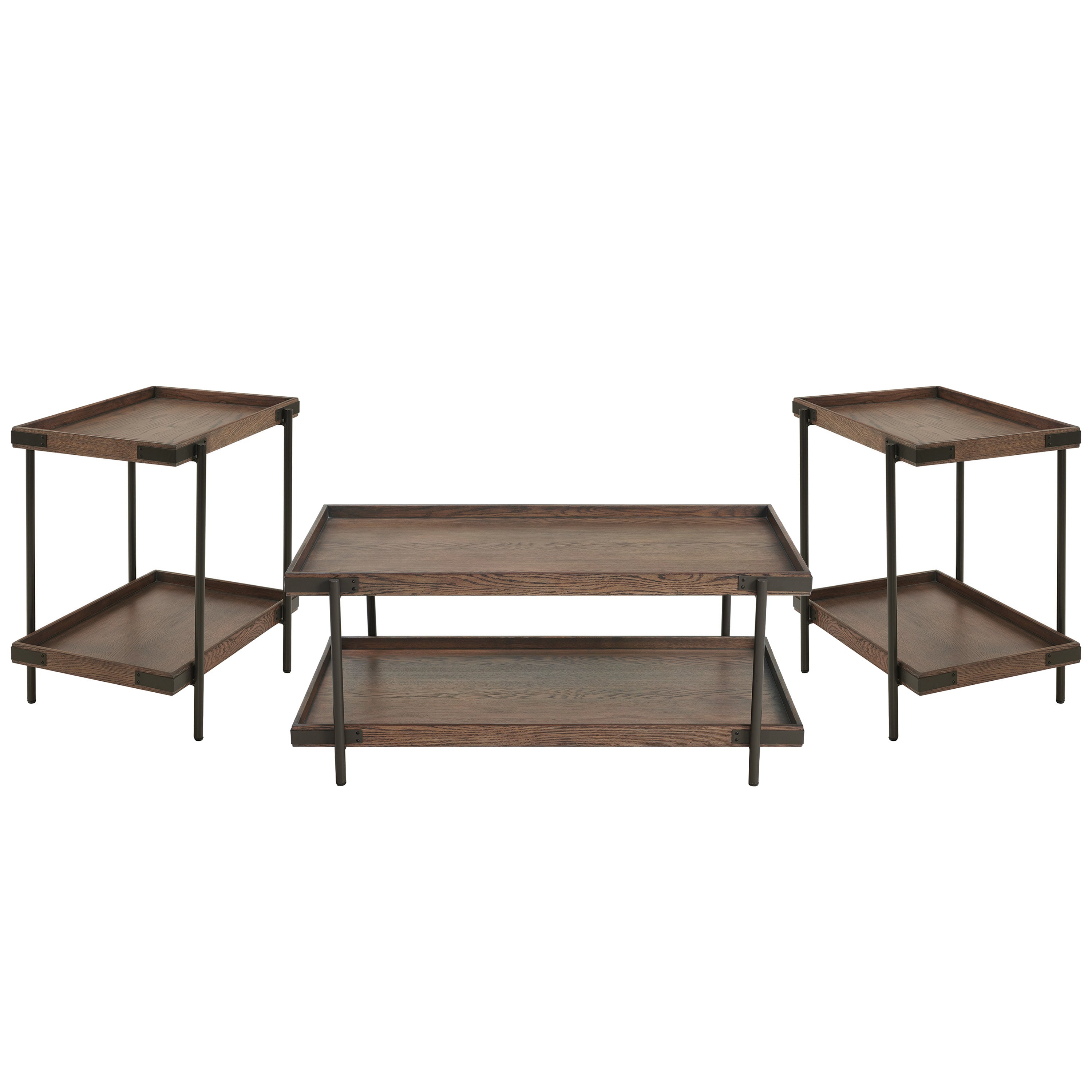 Kyra 3-Piece Oak and Metal Living Room Set with Two 27" Side Tables and 42"L Coffee Table