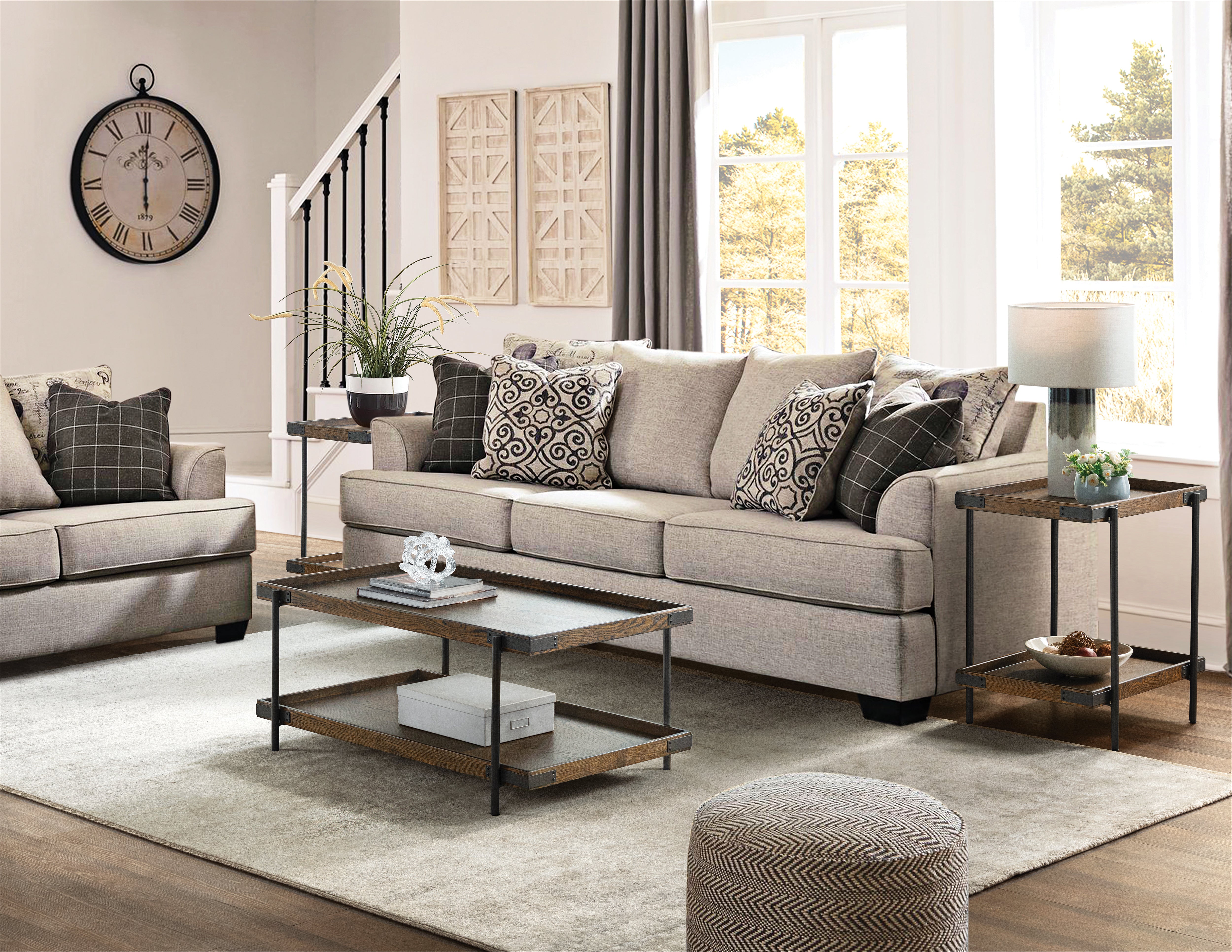 Kyra 3-Piece Oak and Metal Living Room Set with Two 27" Side Tables and 42"L Coffee Table