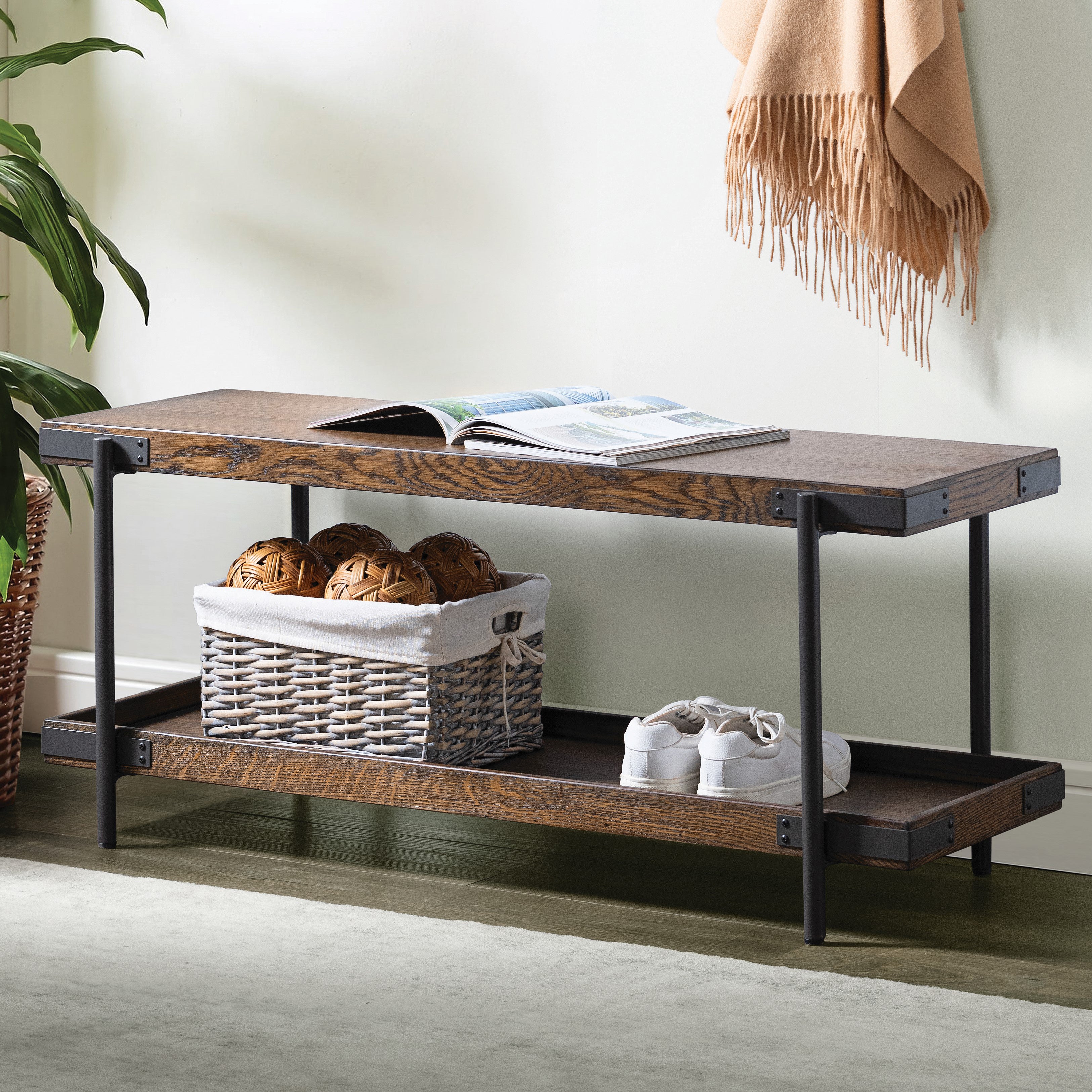 Kyra 42"L Oak and Metal Bench with Shelf