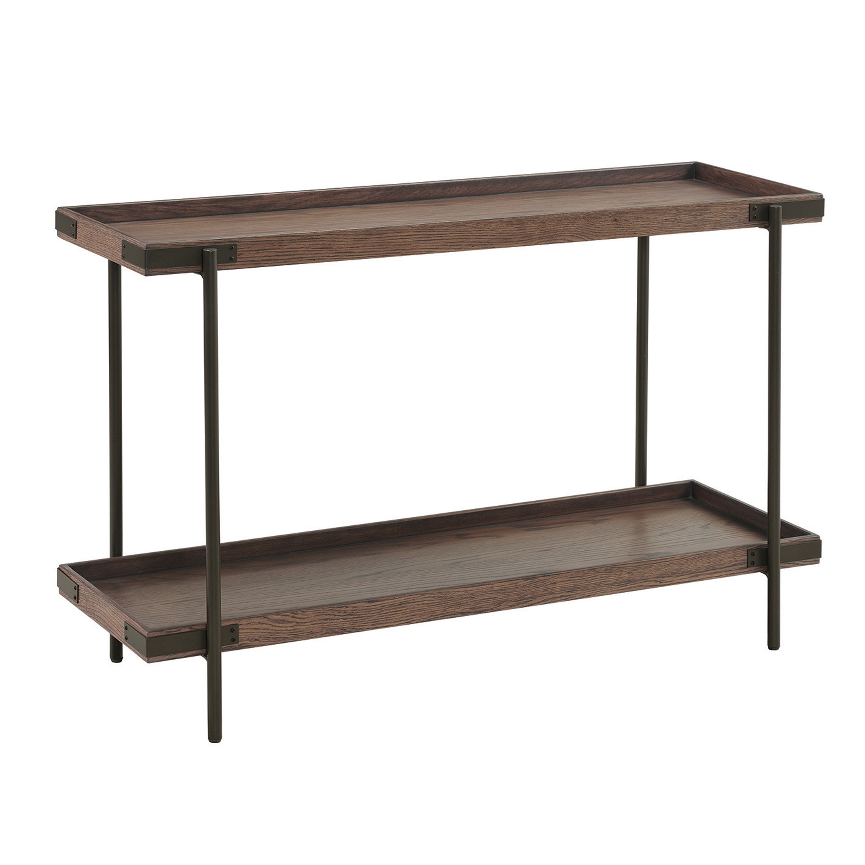 Kyra 5-Piece Oak and Metal Living Room Set with 42"L Coffee Table, Two Side Tables, Sofa/TV Console and Bar Cart