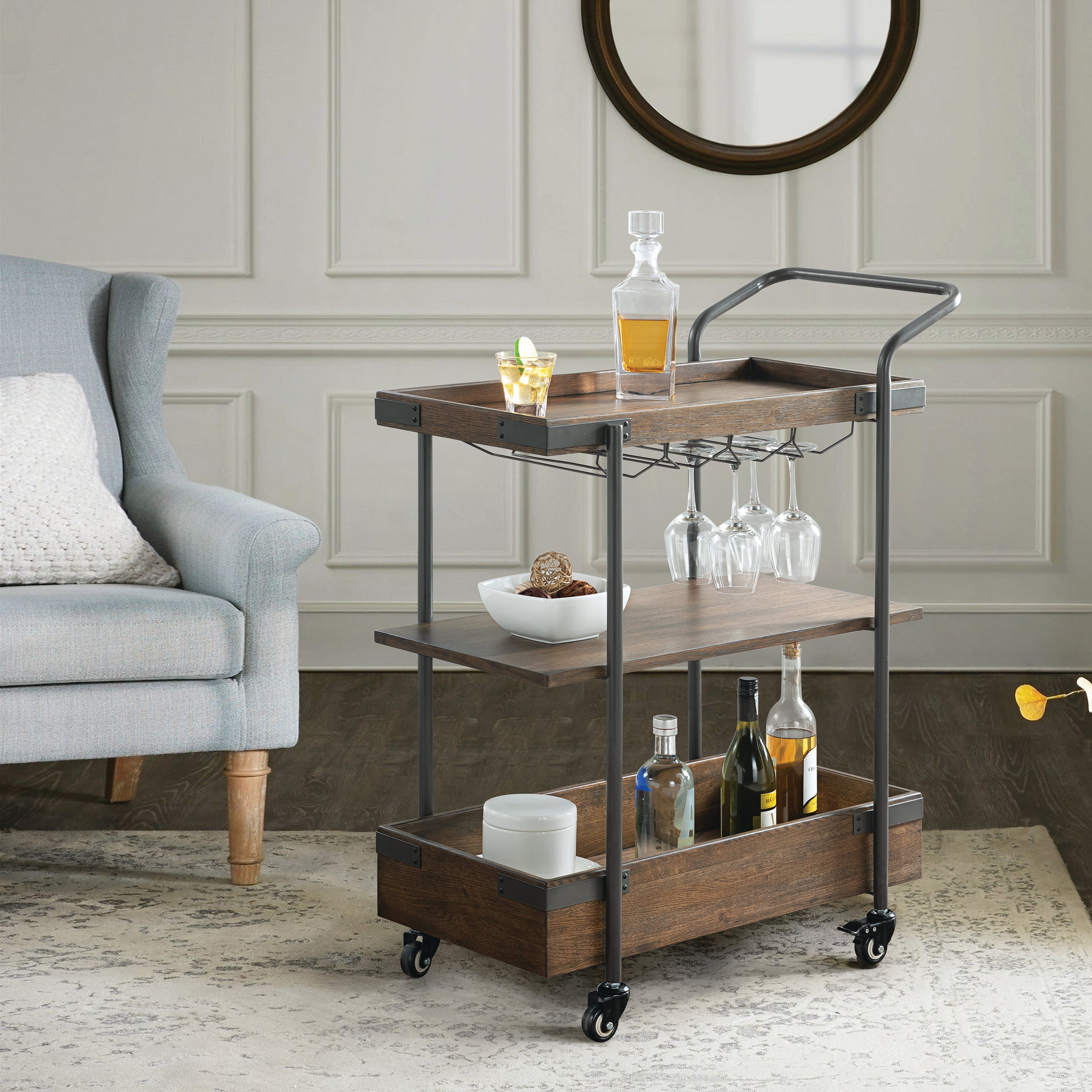 Kyra 32"L Oak and Metal Bar Cart