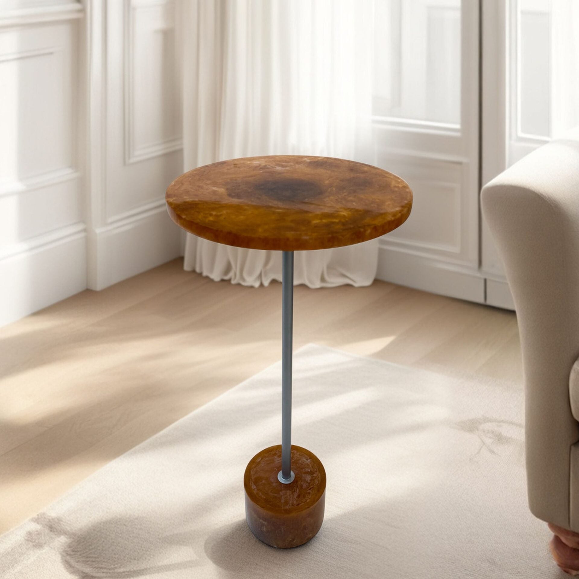 Amber Glow 25 Inch Round Resin Side Table with Nickel Base