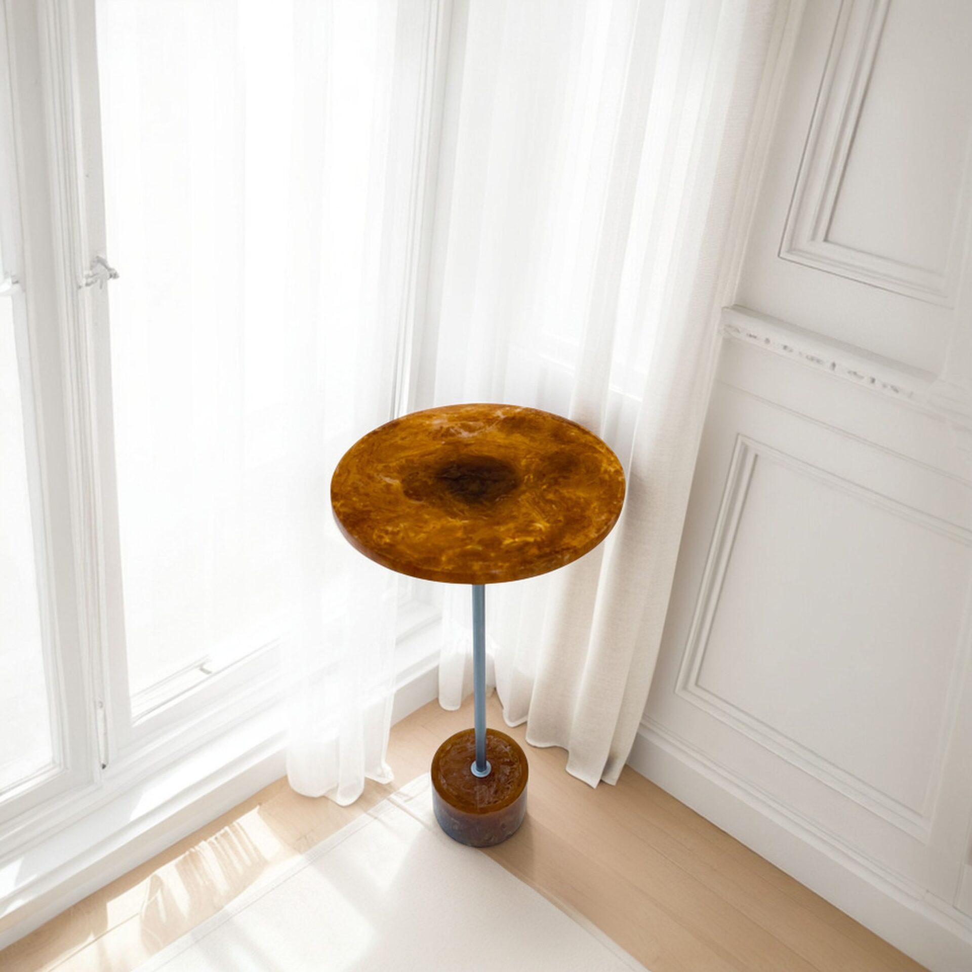 Amber Glow 25 Inch Round Resin Side Table with Nickel Base
