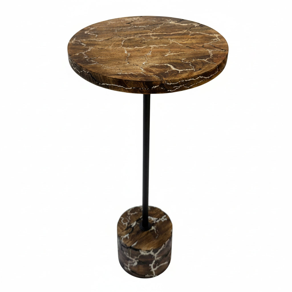 Electra Round Mango Wood Accent Table with Lightning Design and Black Frame