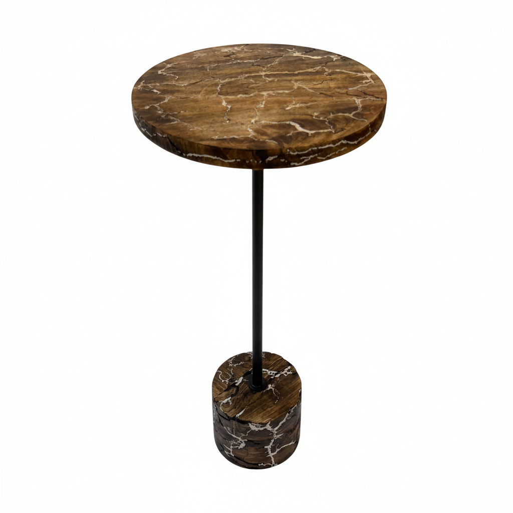 Electra Round Mango Wood Accent Table with Lightning Design and Black Frame