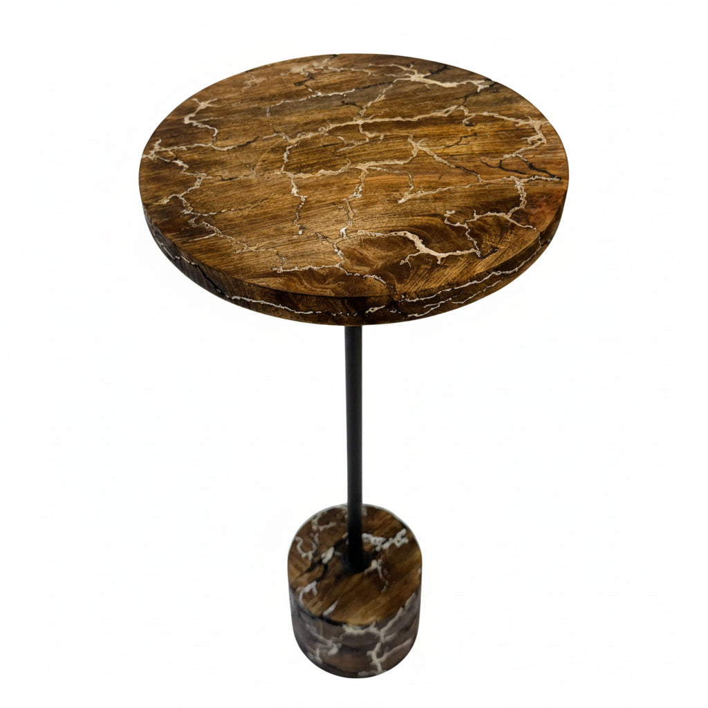 Electra Round Mango Wood Accent Table with Lightning Design and Black Frame