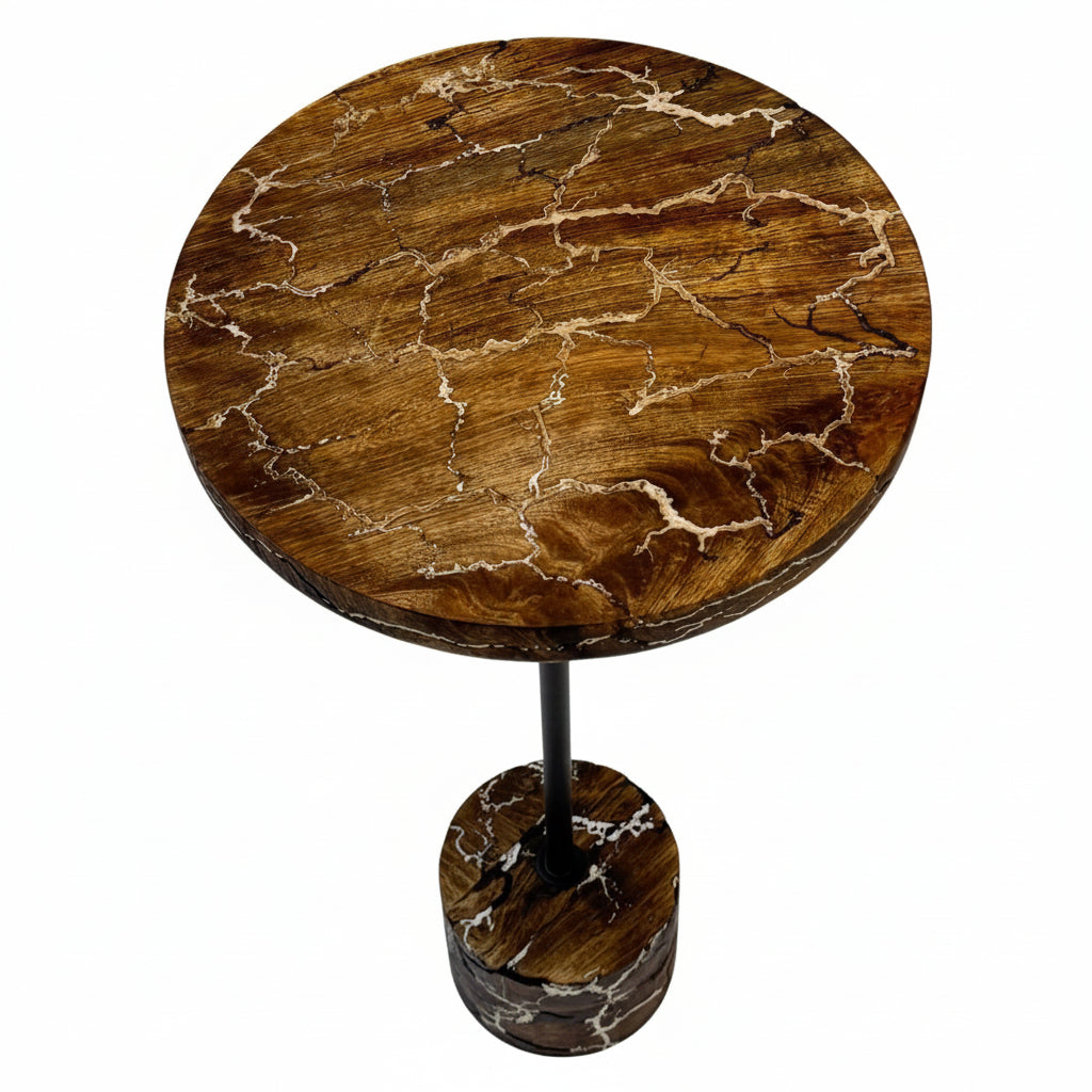 Electra Round Mango Wood Accent Table with Lightning Design and Black Frame