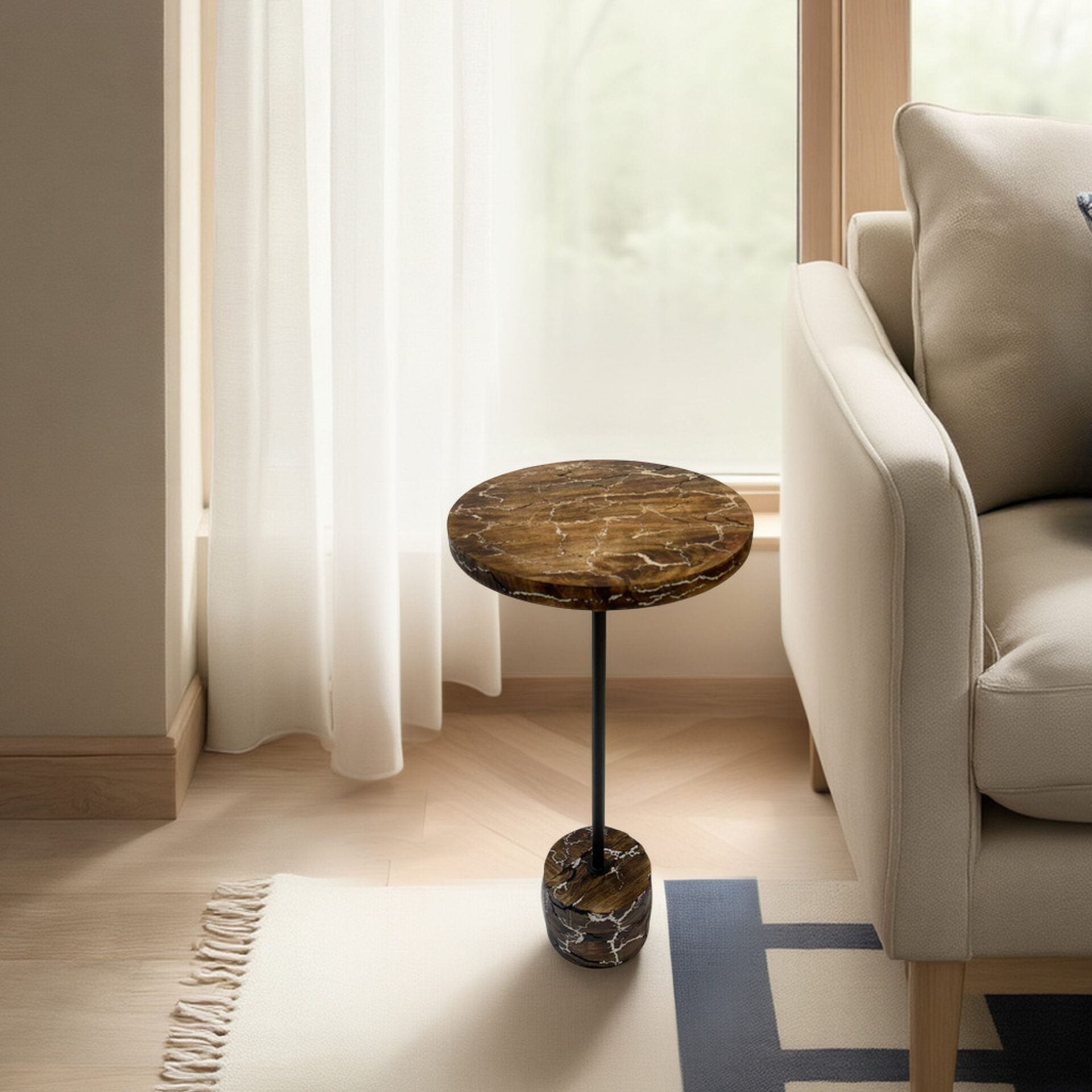 Electra Round Mango Wood Accent Table with Lightning Design and Black Frame