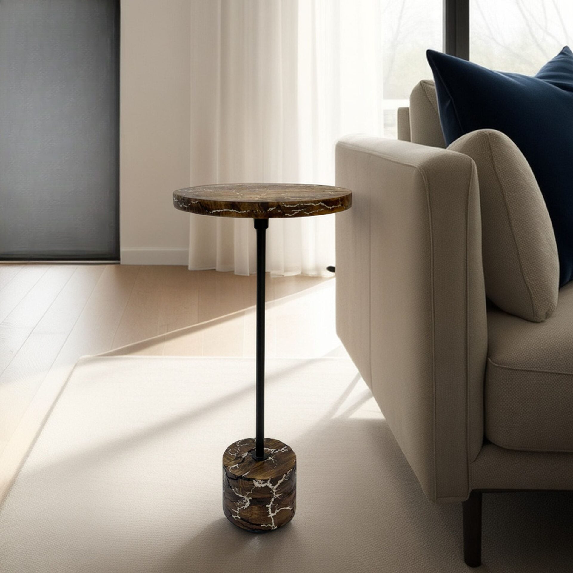 Electra Round Mango Wood Accent Table with Lightning Design and Black Frame