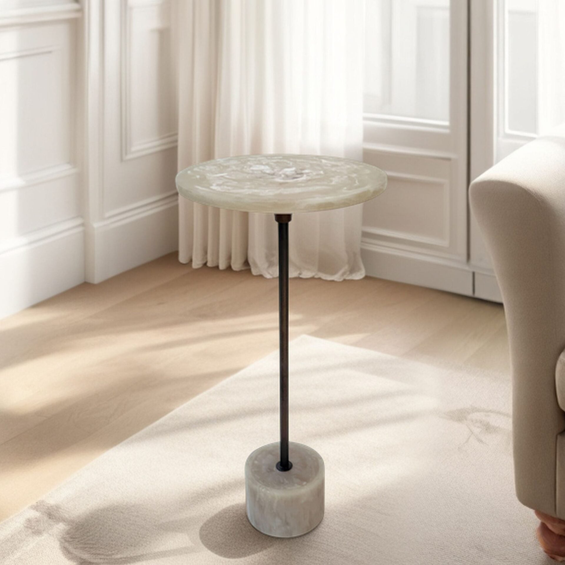 Solace Round Accent Table with Resin Top and Antique Copper Base