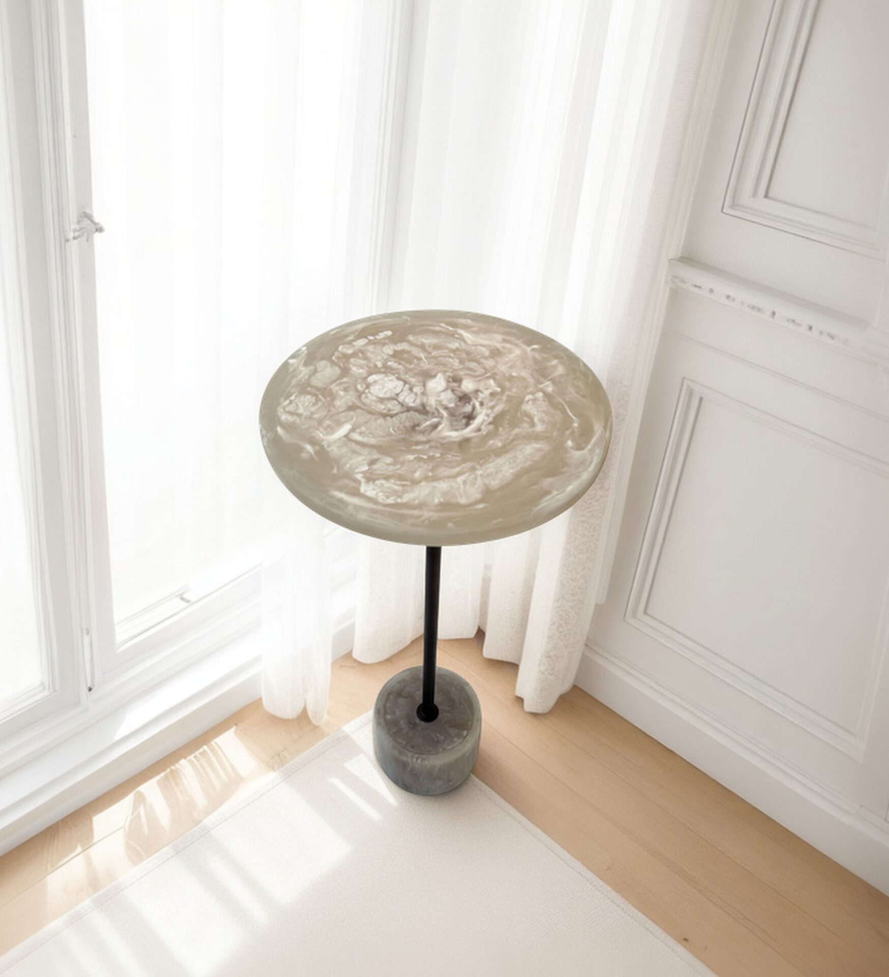 Solace Round Accent Table with Resin Top and Antique Copper Base