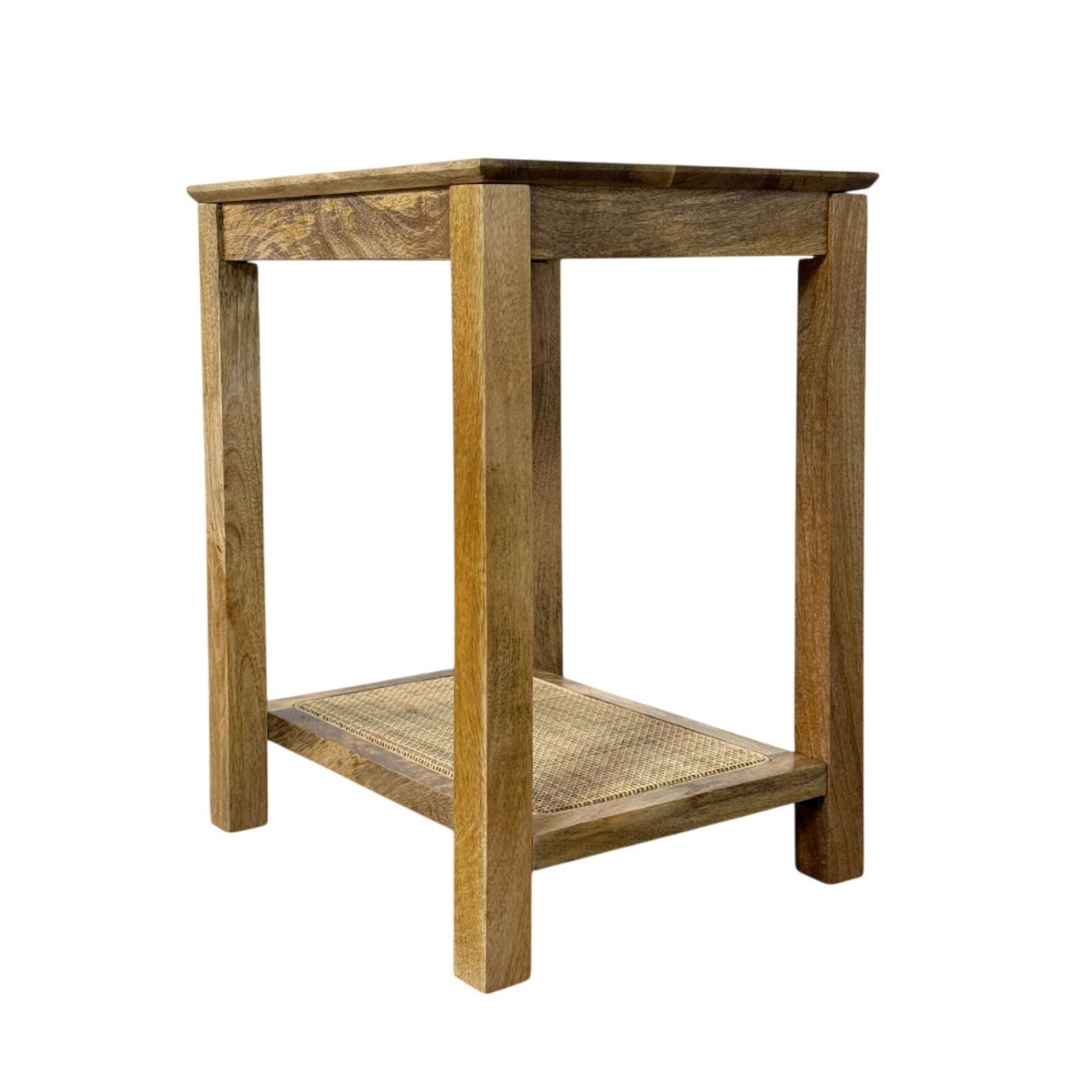 22" Blonde Acacia Side Table with Handwoven Cane Shelf