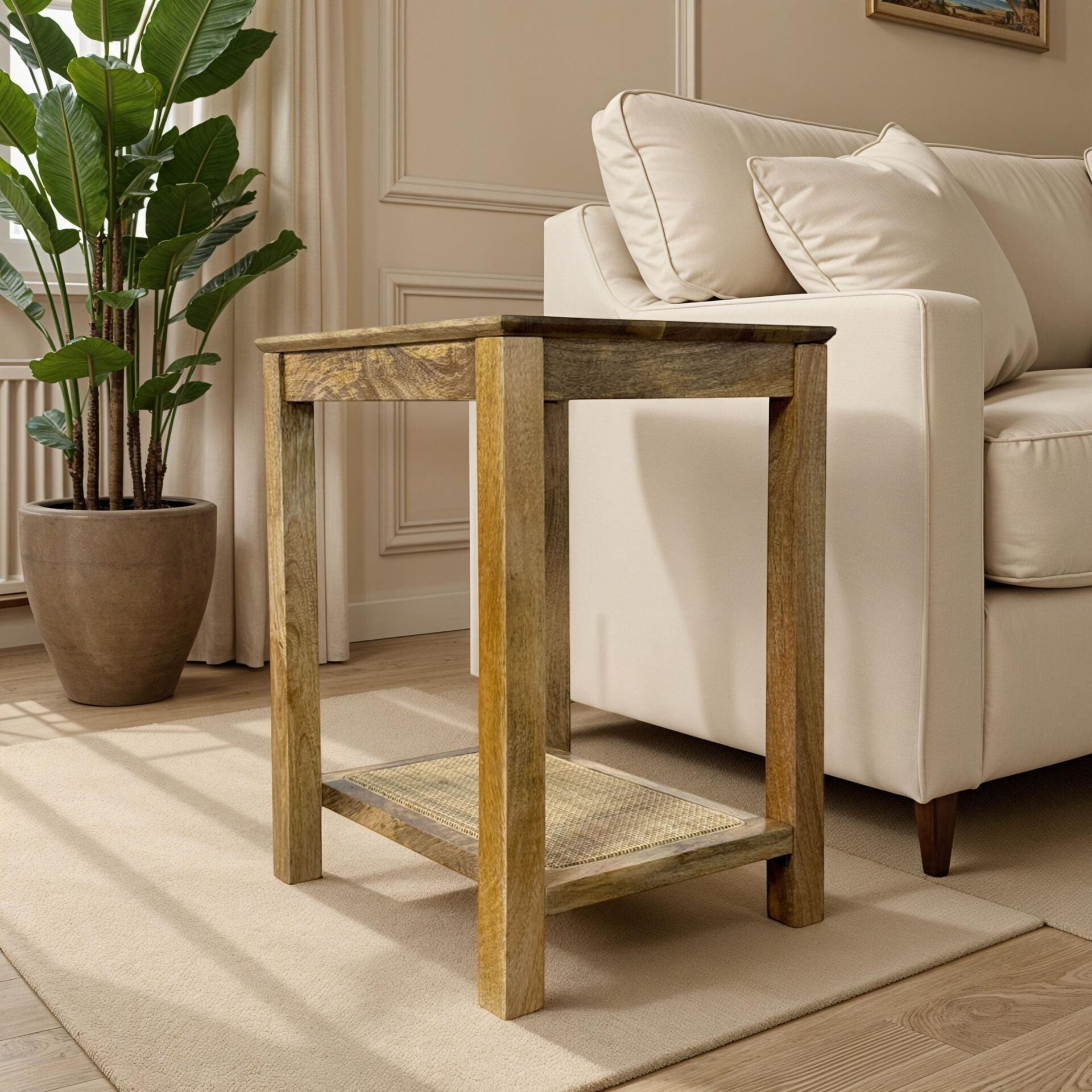 22" Blonde Acacia Side Table with Handwoven Cane Shelf