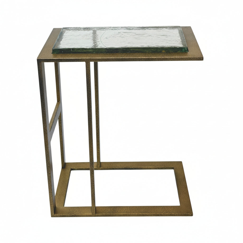 Castella C Shaped End Table Antique Brass with Recycled Glass Top