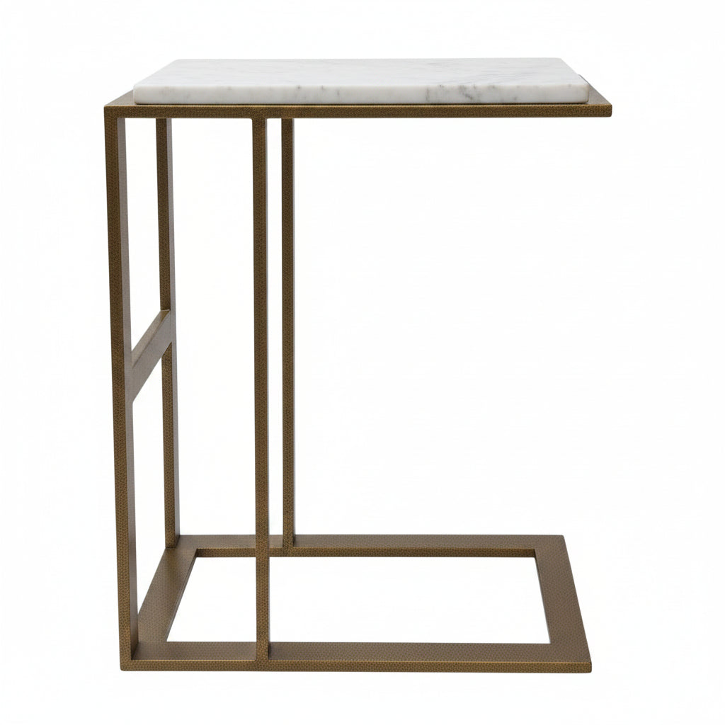 Castella C Shaped End Table Antique Brass with Recycled Glass Top