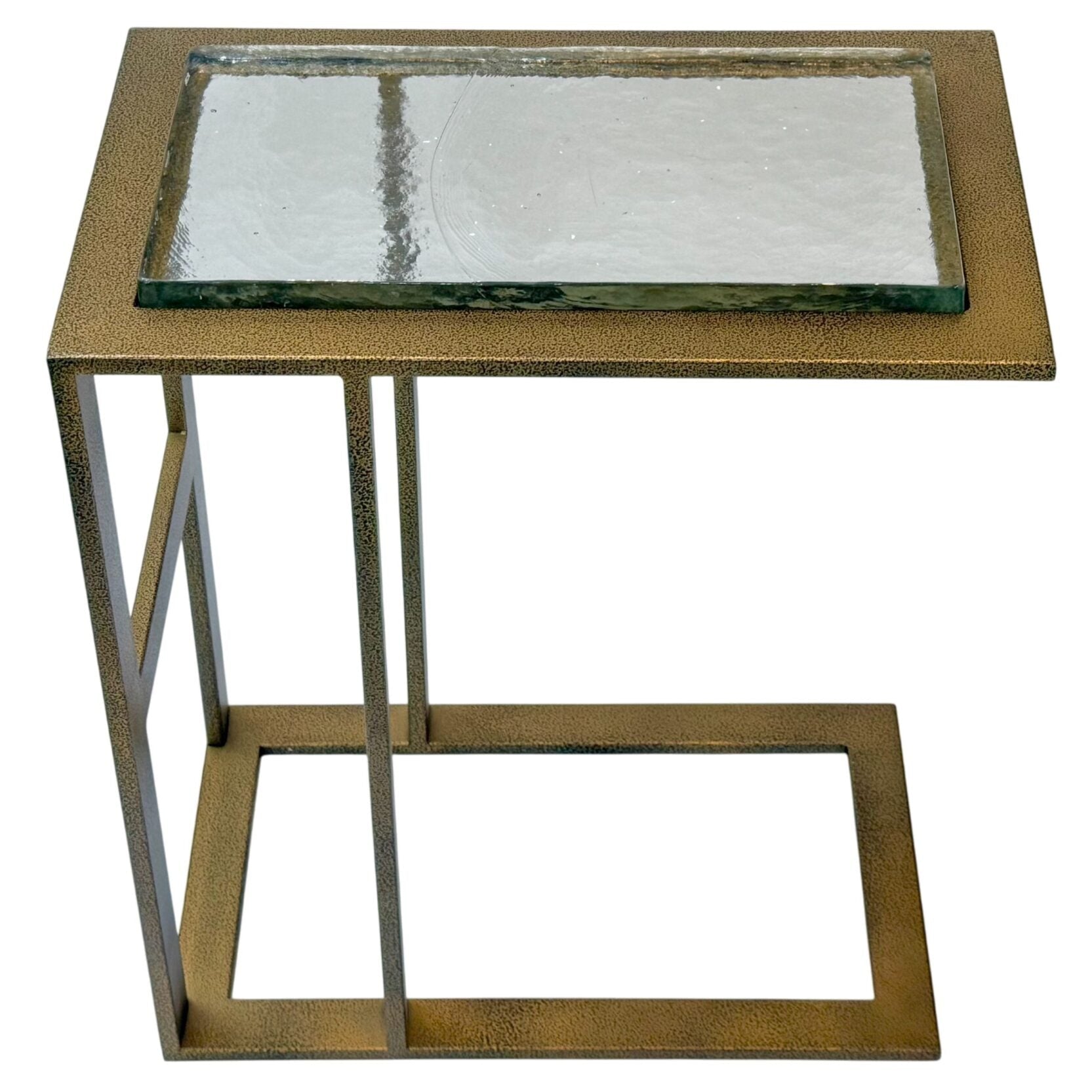 Castella C Shaped End Table Antique Brass with Recycled Glass Top