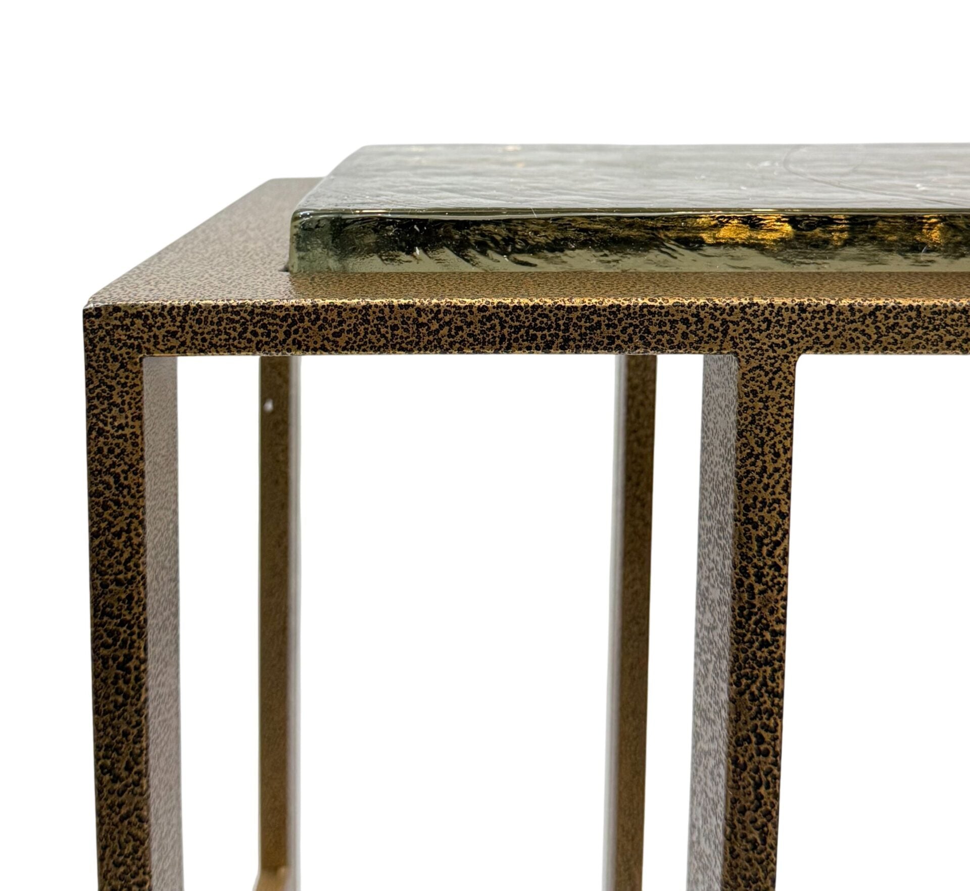 Castella C Shaped End Table Antique Brass with Recycled Glass Top