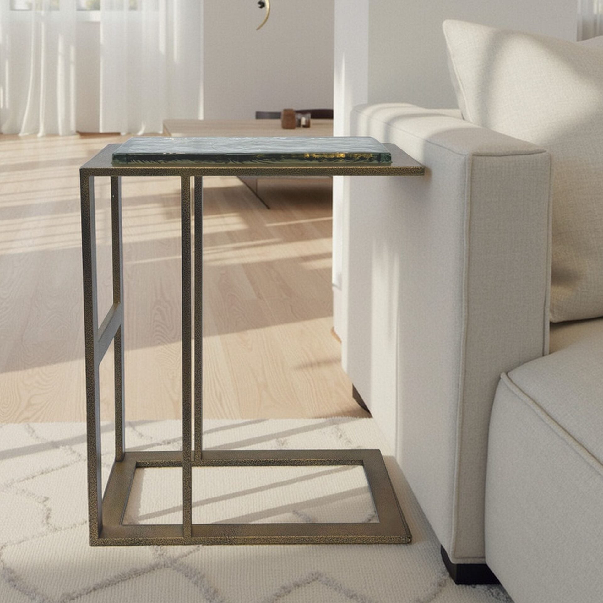 Castella C Shaped End Table Antique Brass with Recycled Glass Top