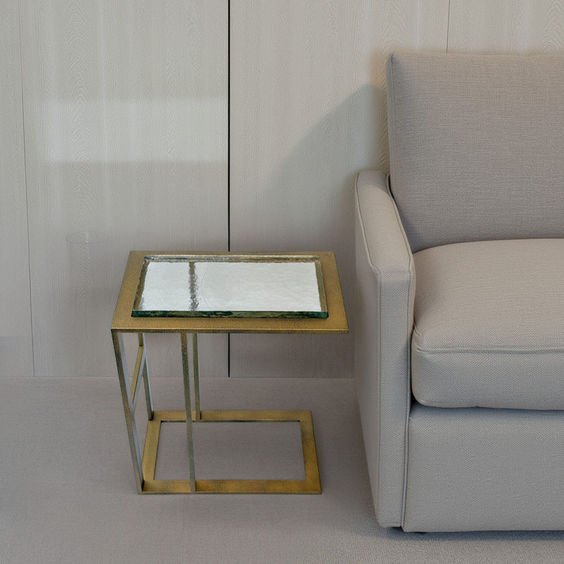 Castella C Shaped End Table Antique Brass with Recycled Glass Top