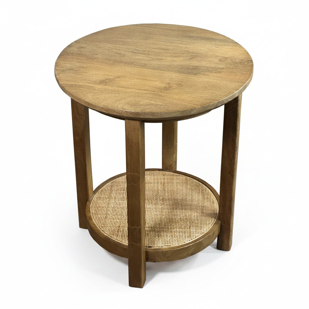 Haven 20" Round Accent Table with Blonde Acacia Finish and Cane Shelf