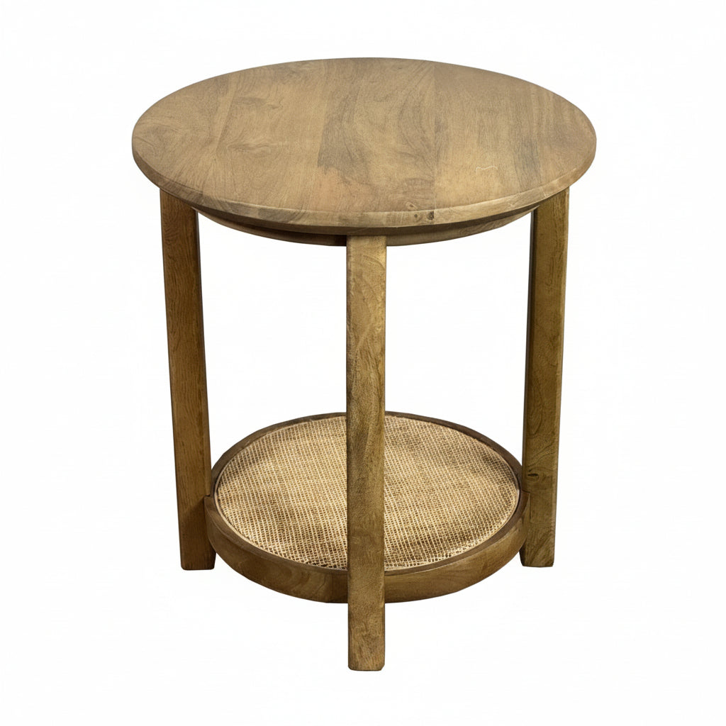 Haven 20" Round Accent Table with Blonde Acacia Finish and Cane Shelf