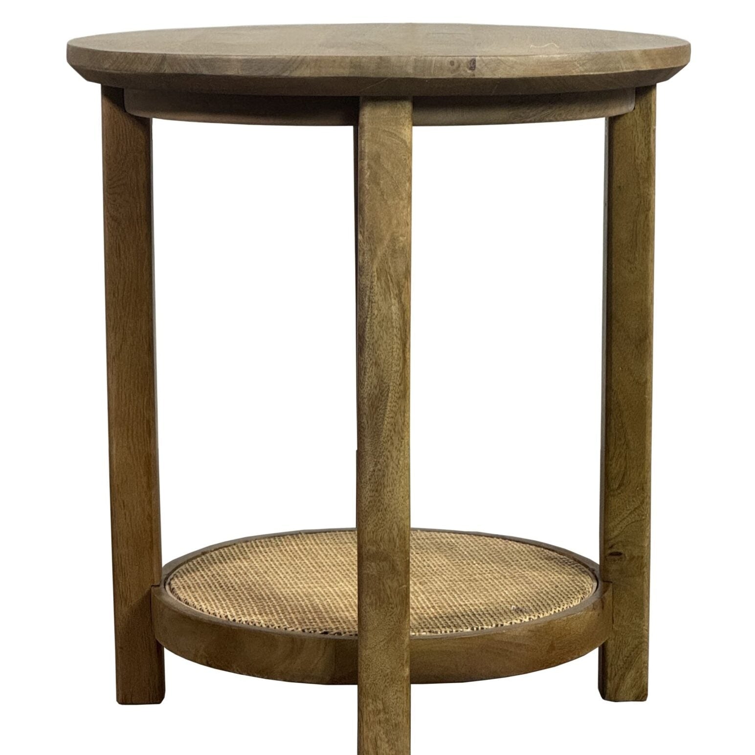 Haven 20" Round Accent Table with Blonde Acacia Finish and Cane Shelf